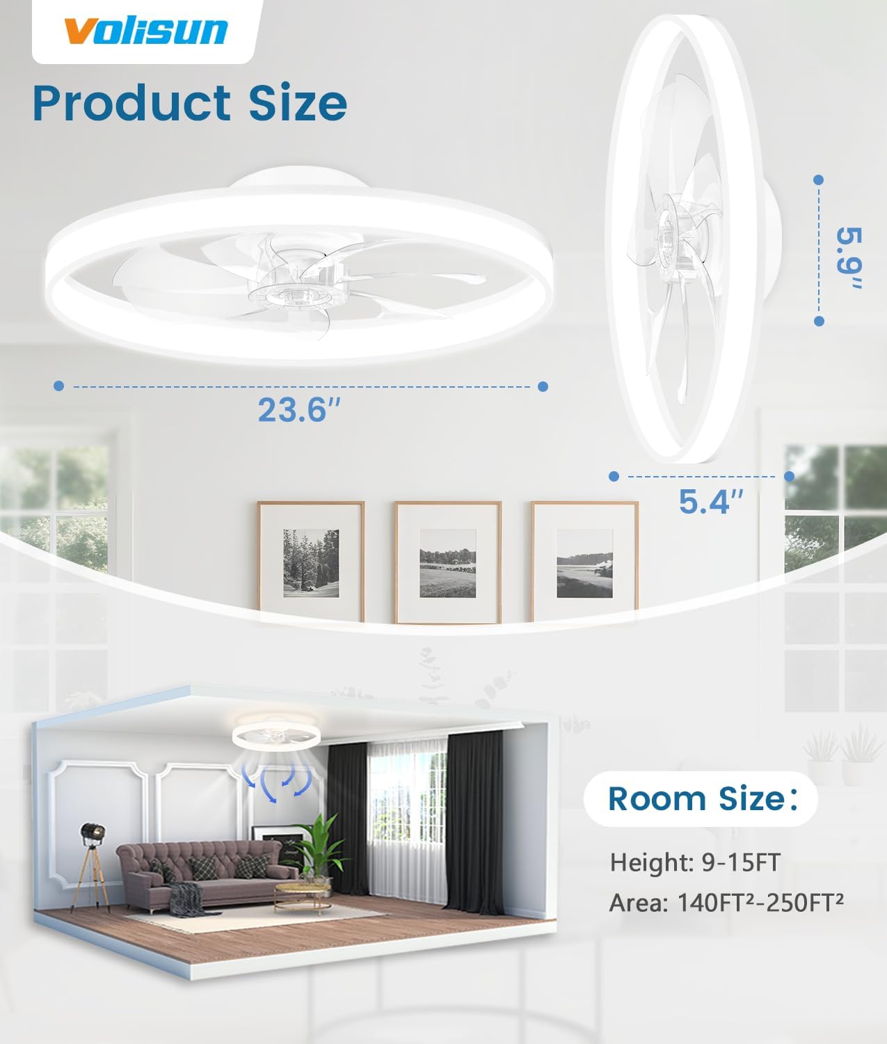 Thumbnail 6 de VOLISUN Low-Profile Ceiling Fan with Light, 24-Inch