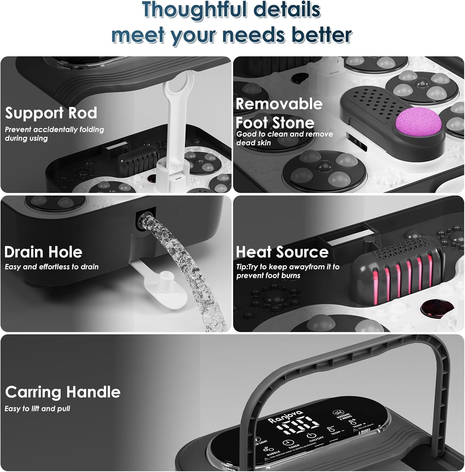 Detalle 1 de Ranjova BE-F1200Pro Collapsible Foot Spa with Heat, Rotary Massage and Bubbles