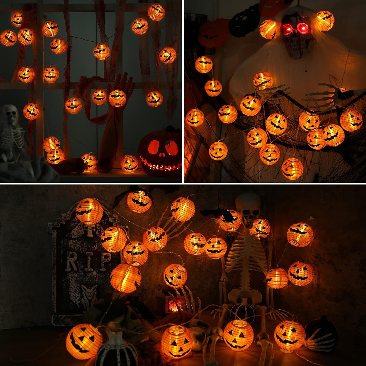Detalle de Qedertek Halloween Kürbis Laternen Lichterkette – 4,3 m, 20 ORANGE Kürbis-Lampions, IP65, batteriebetrieben