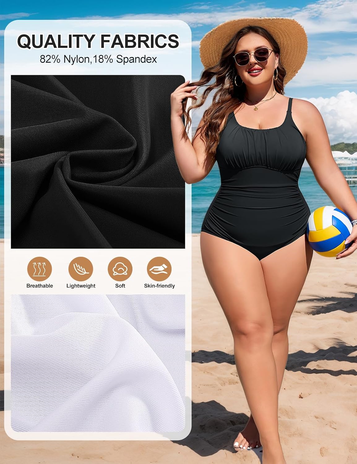 Detalle de heekpek Badeanzug Damen Große Größe – Bauchweg Einteiler mit U‑Ausschnitt und Rücken, Plus Size