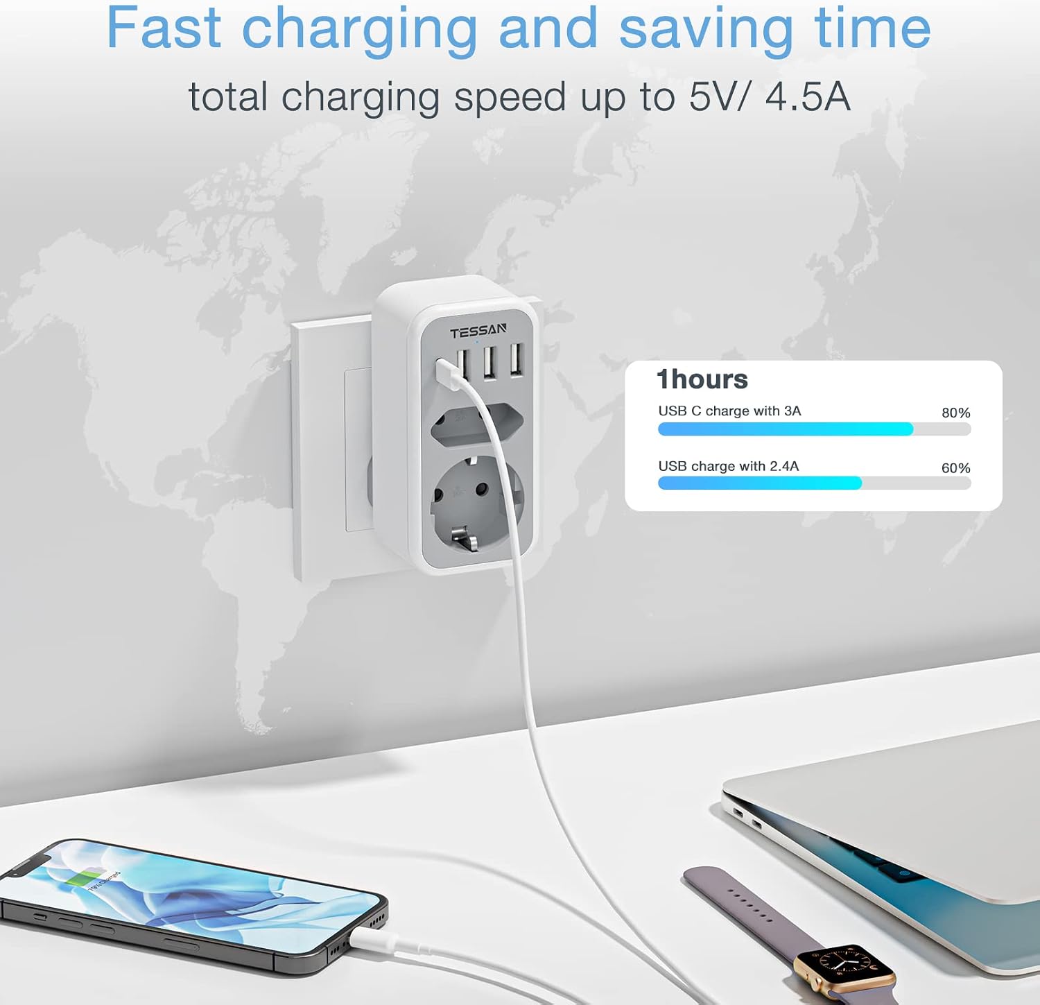 Detalle de TESSAN UK Adapter Typ G (England/Deutschland) mit 3× USB-A und 1× USB-C – Reiseadapter 6-in-1