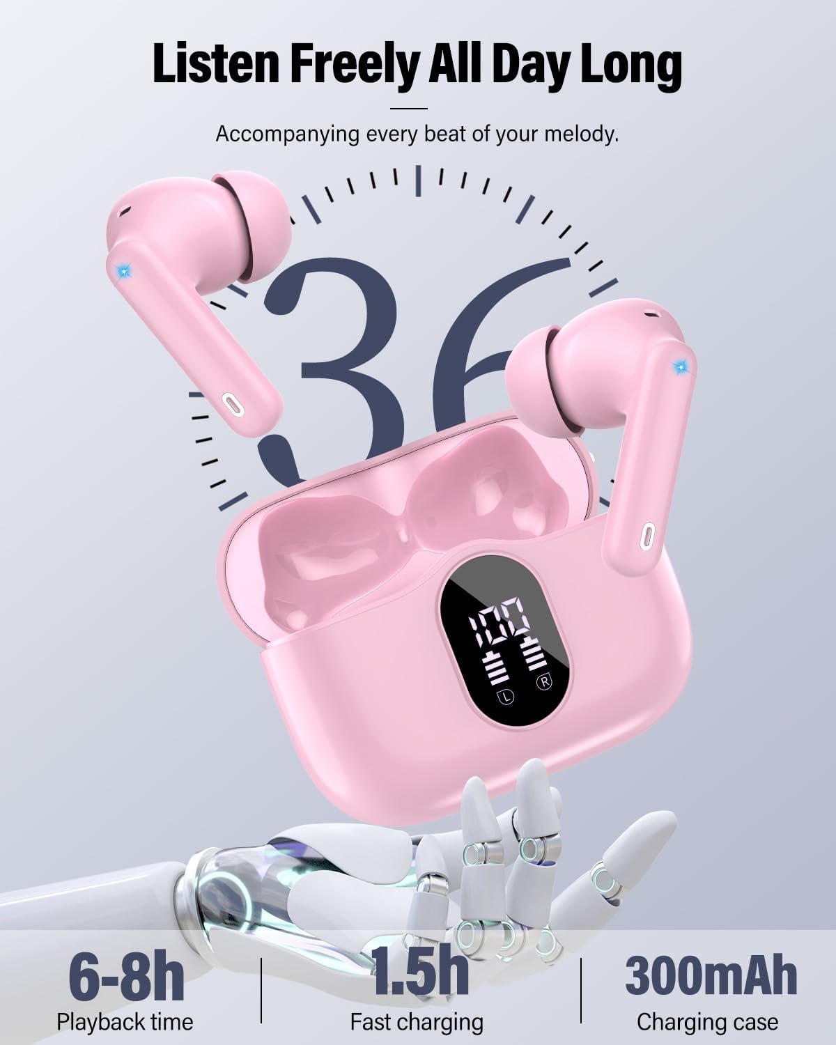 Thumbnail 6 de Wireless Earbuds with Bluetooth 5.4 — Bass-Driven Stereo, ENC Noise Cancellation, IP7 Waterproof in Pink