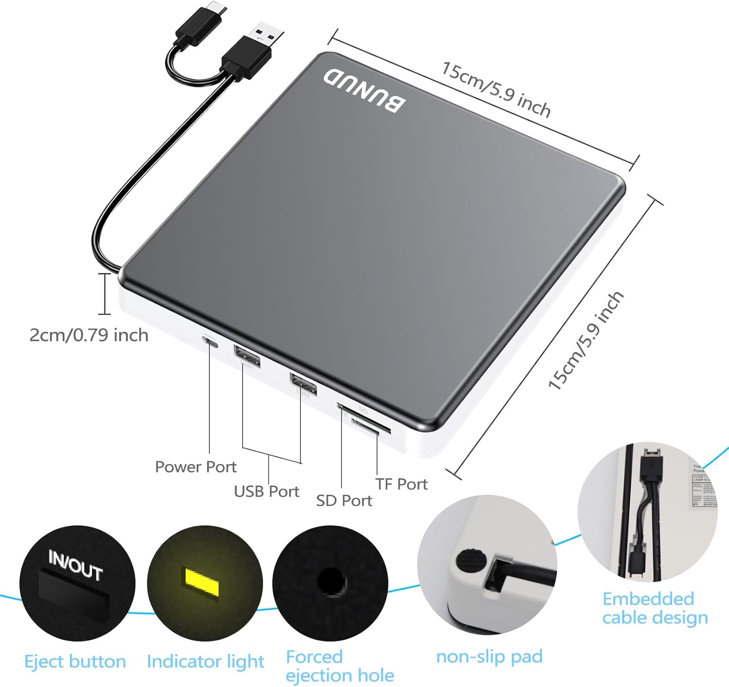 Detalle 2 de BUNUD External CD DVD Drive USB 3.0 Type-C
