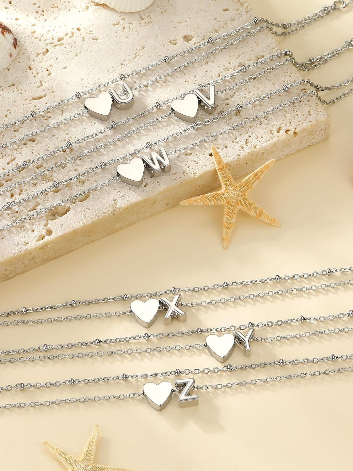 Thumbnail 3 de PROSTEEL Bracelet de cheville femme double chaîne en acier inoxydable avec charms cœur et lettre, ajustable 22+5 cm
