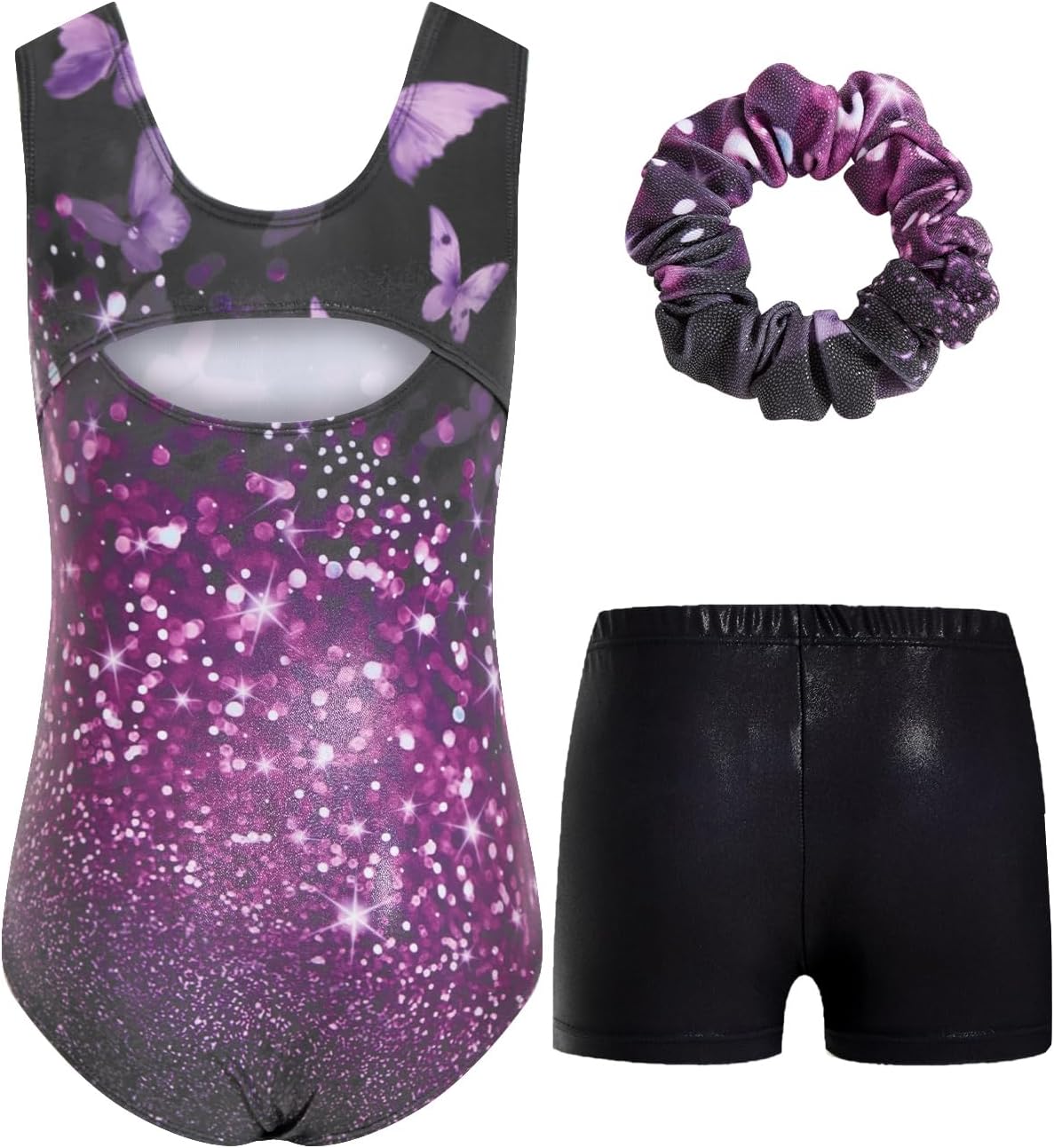 Detalle 2 de JiAmy Girls’ Sparkly Sleeveless Gymnastics Leotard and Shorts Set, Ages 3–12