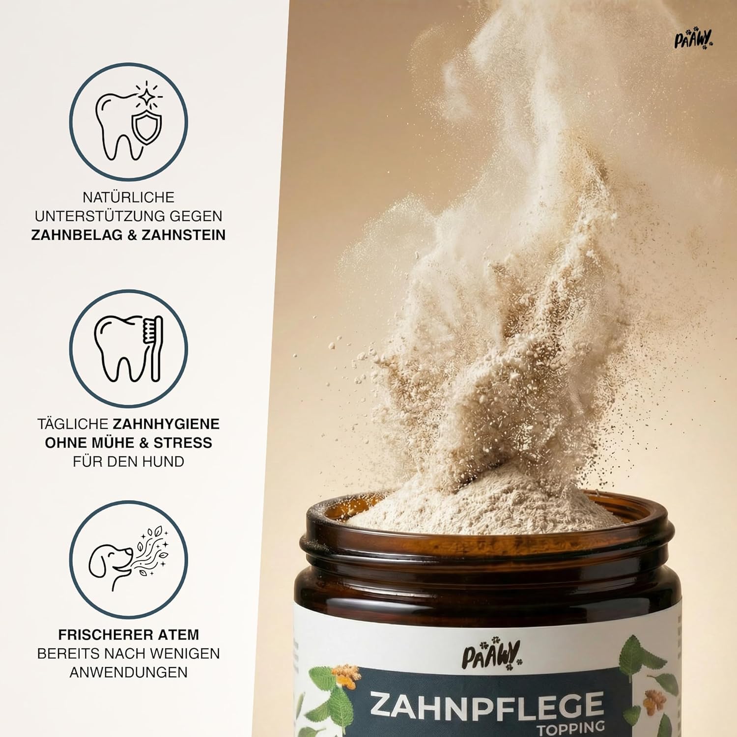 Detalle de paawy Dental Pulver für Hunde – 9-in-1 Wirkstoff-Komplex, Zahnsteinentferner & Mundgeruch-Futtertopping