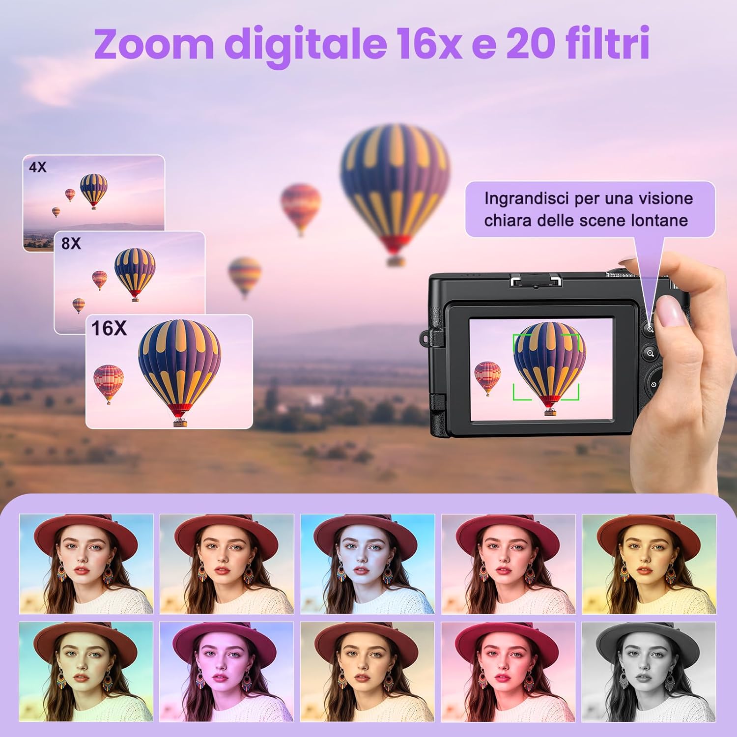 Thumbnail 3 de Fotocamera Digitale 4K 64MP WiFi 16X Zoom con Schermo Girevole 180° – Kit Completo per Vlog e Selfie