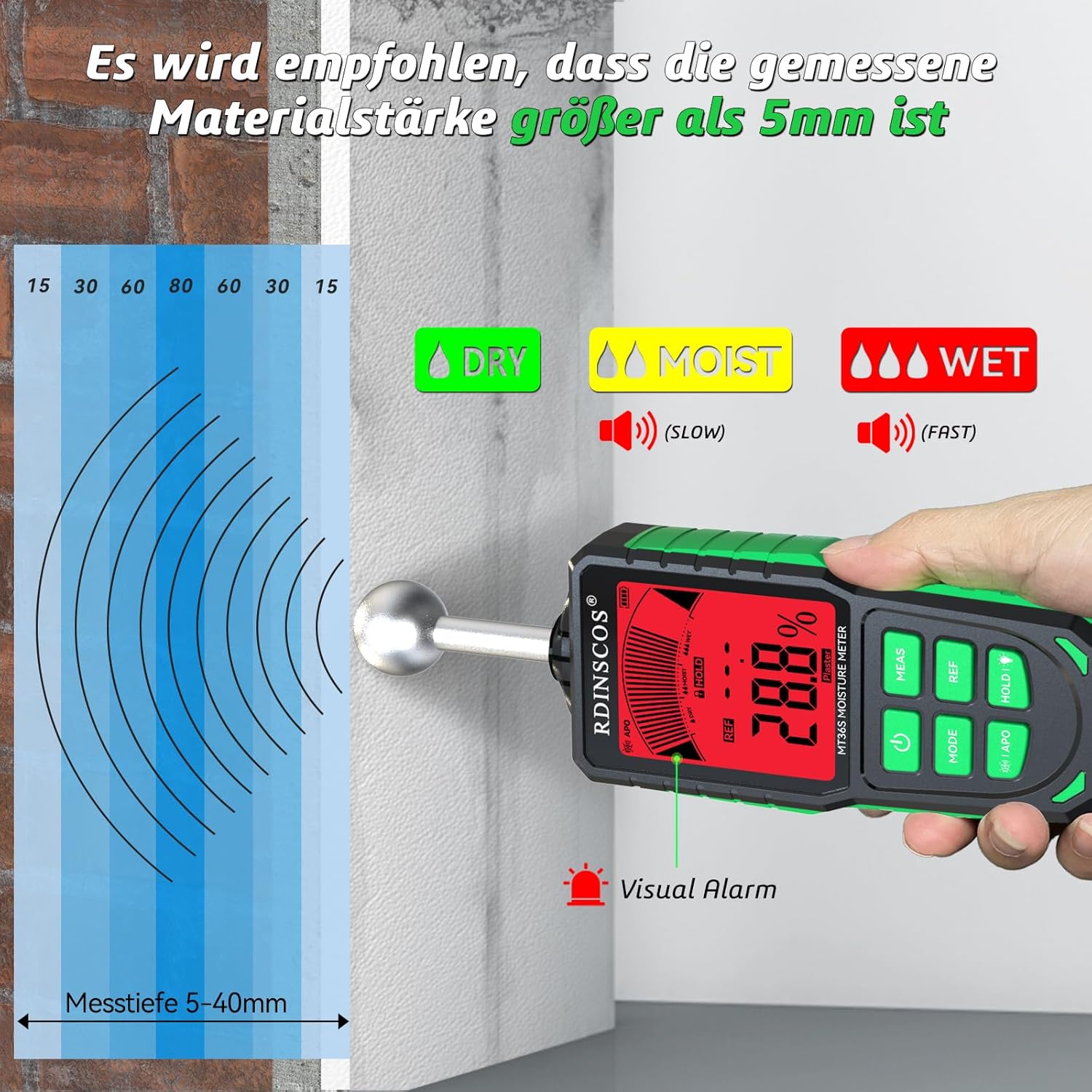 Thumbnail 3 de RDINSCOS Feuchtigkeitsmessgerät für Wände MT36S (zerstörungsfrei, 3‑Farb‑Anzeige)