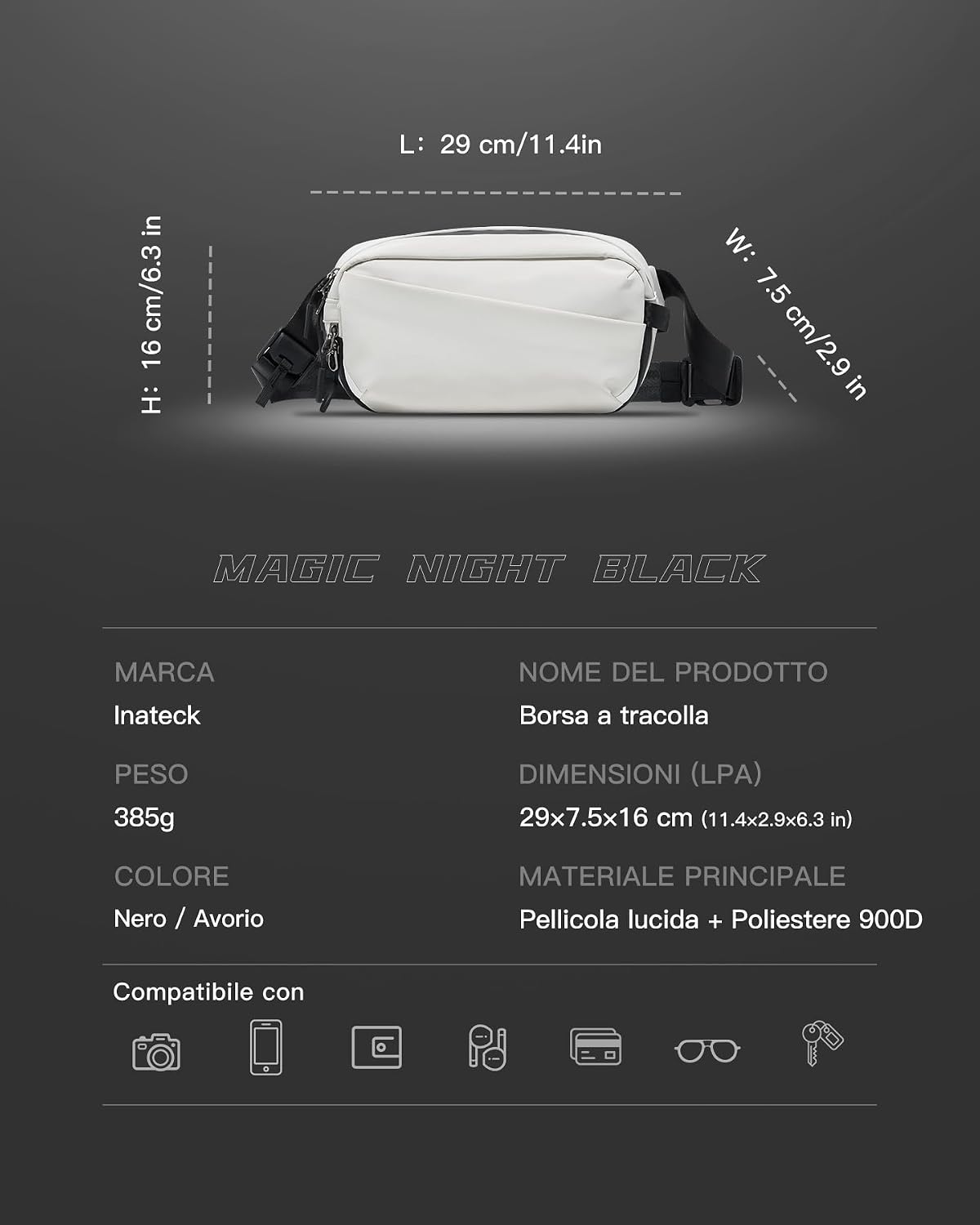 Detalle de Inateck Sling Bag X-Pro: borsa a spalla e tracolla espandibile con tasca RFID e 16 scomparti