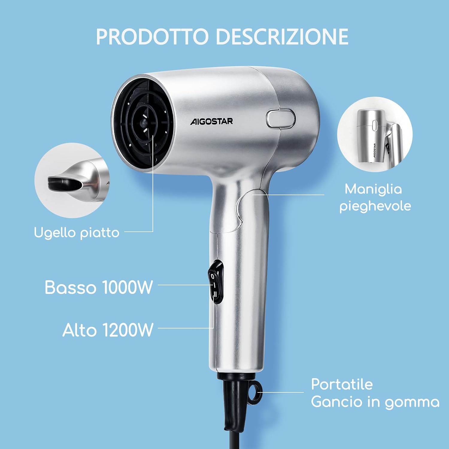 Detalle de Aigostar Asciugacapelli da Viaggio Pieghevole 1200W – Grigio Argento, 310 g