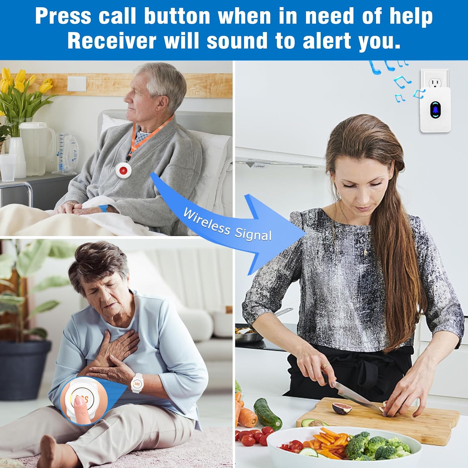 Detalle de Daytech Caregiver Pager Call Button with Wrist Button, 110 dB Receiver and 70 m Range