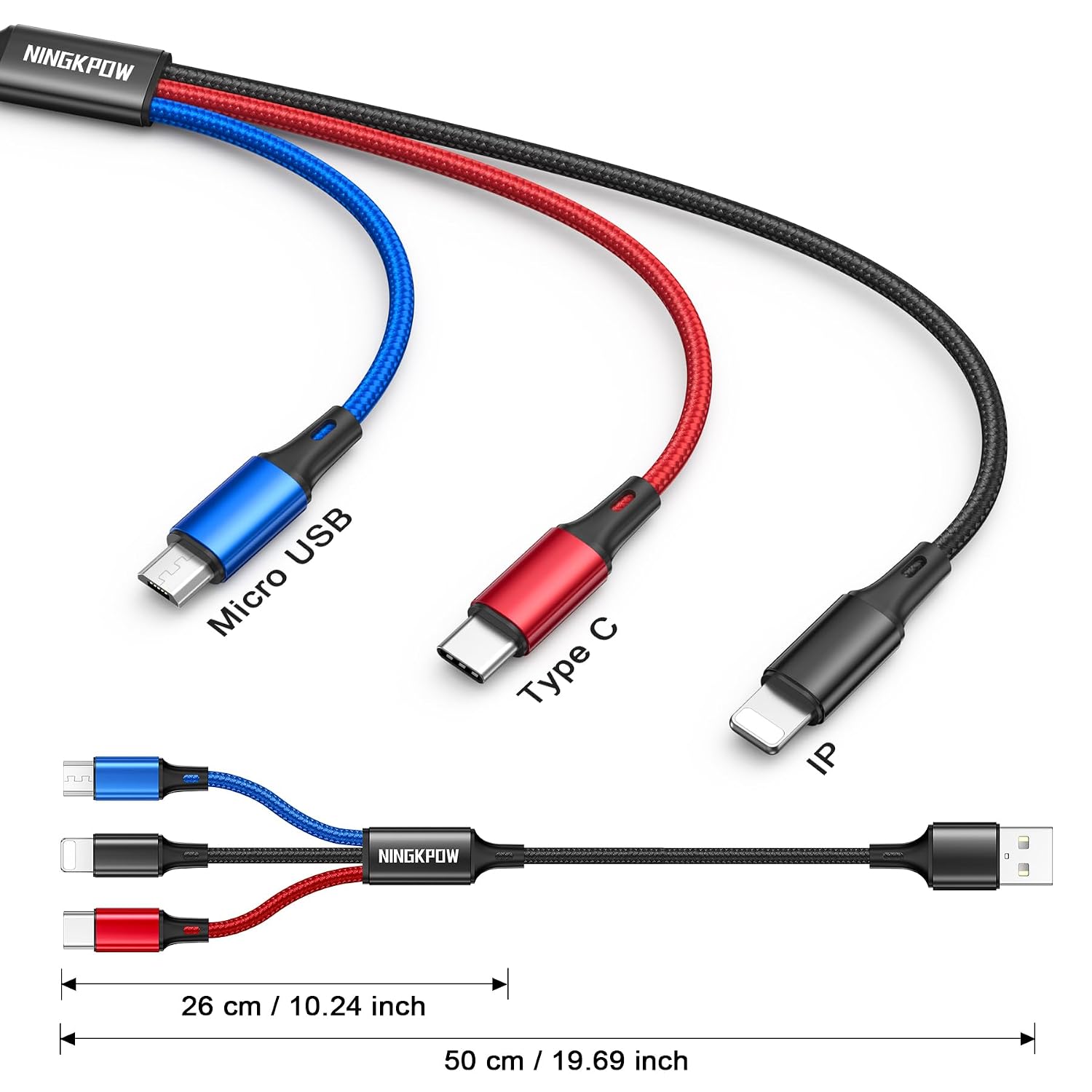Detalle de NINGKPOW 3-in-1 50cm Multi Charger Cable (2 Pack) – Nylon Braided, 0.5m