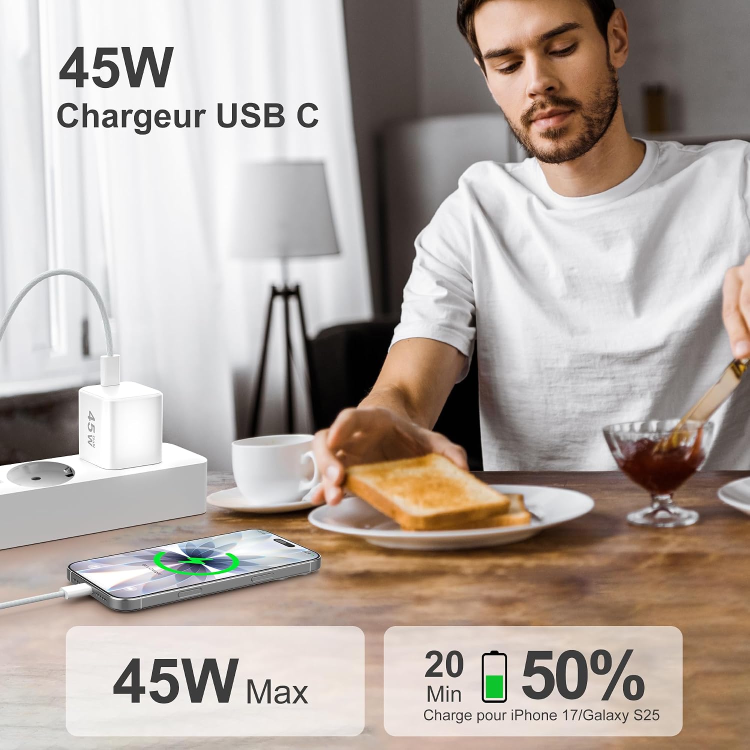 Detalle de YISH chargeur secteur USB-C 45W GaN avec câble USB-C 60W (1 m) et prise murale PD 3.0