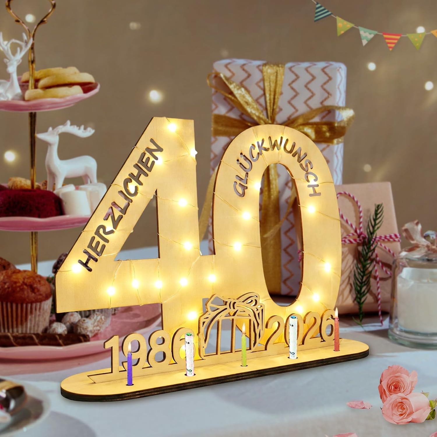 Detalle de Seutgjie Originelles Geschenk 40 Geburtstag – Holzschild mit LED-Lichterkette, 29 × 21 cm