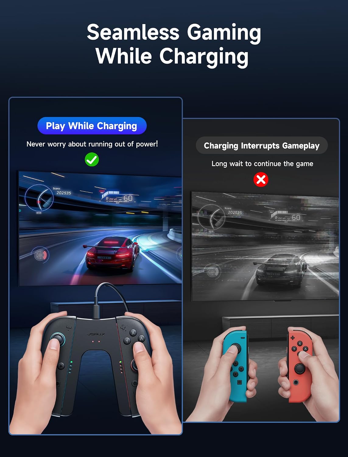 Detalle de JSAUX ergonomischer Switch 2 Ladegriff mit Magnet-Snap-on, LED-Anzeige und 1,5-m-Kabel – für Laden beim Spielen
