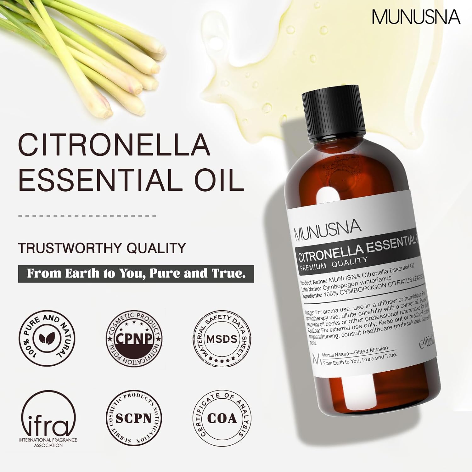 Thumbnail 6 de MUNUSNA Citronella Essential Oil (100ml) – pure steam-distilled oil for diffusers, DIY candles and cleaning