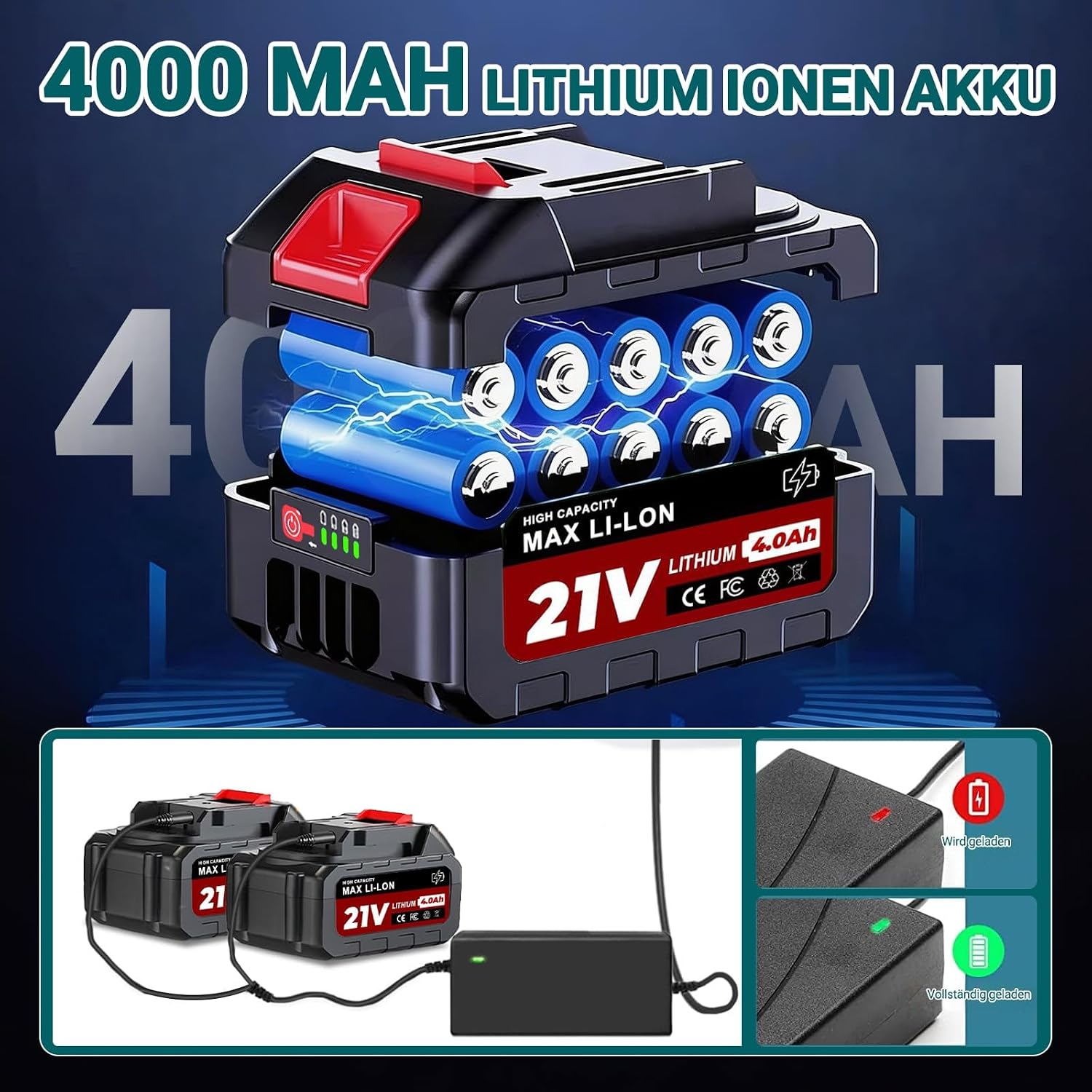 Detalle de Hengriacly Akku Rasentrimmer für Makita-Akkus – 21V robuster Freischneider mit 4-in-1 System (inkl. 2x 4,0Ah Akkus & Ladegerät)