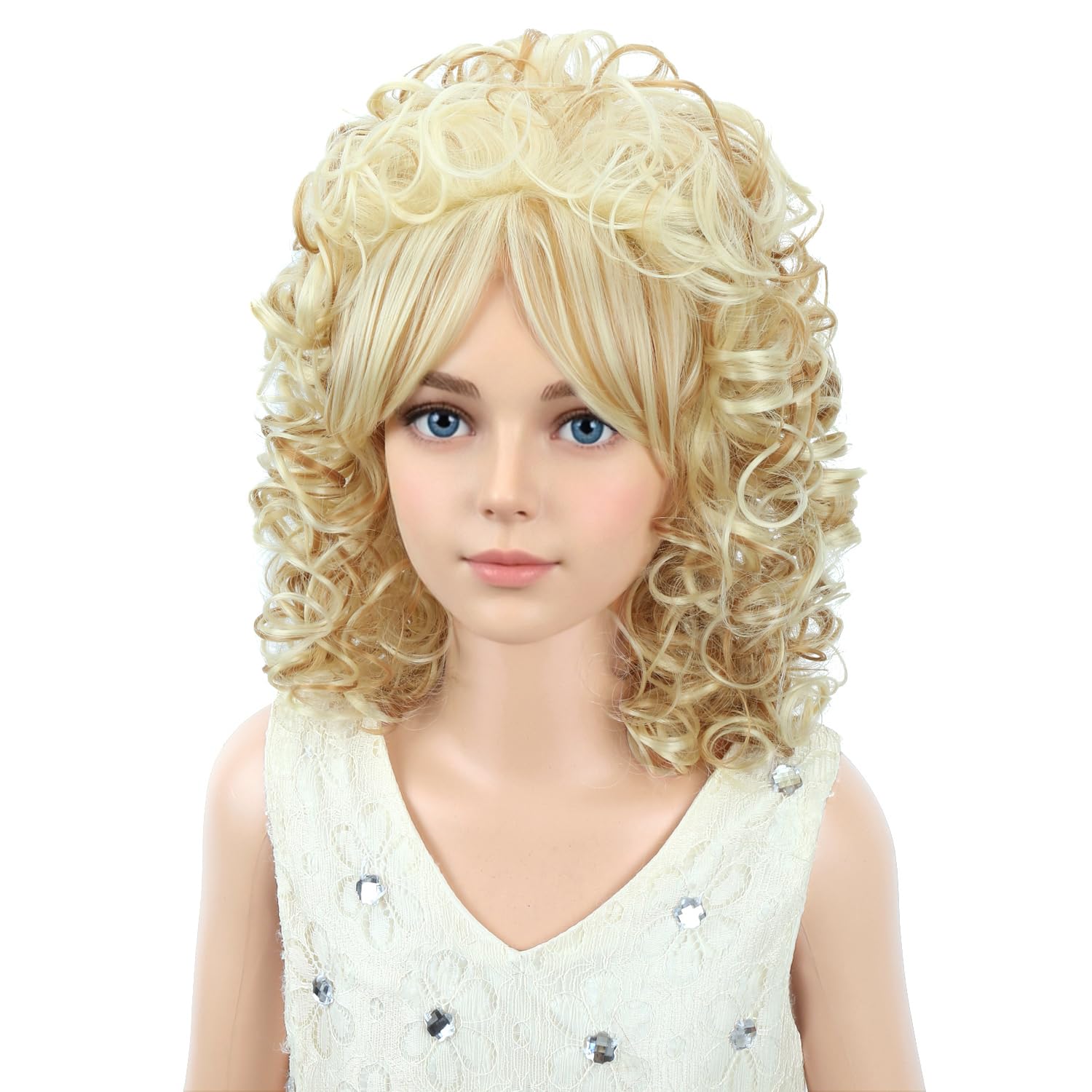 Detalle de PATTNIUM Ash Blonde Curly Wig with Bangs for Kids, 14-Inch Synthetic Hair