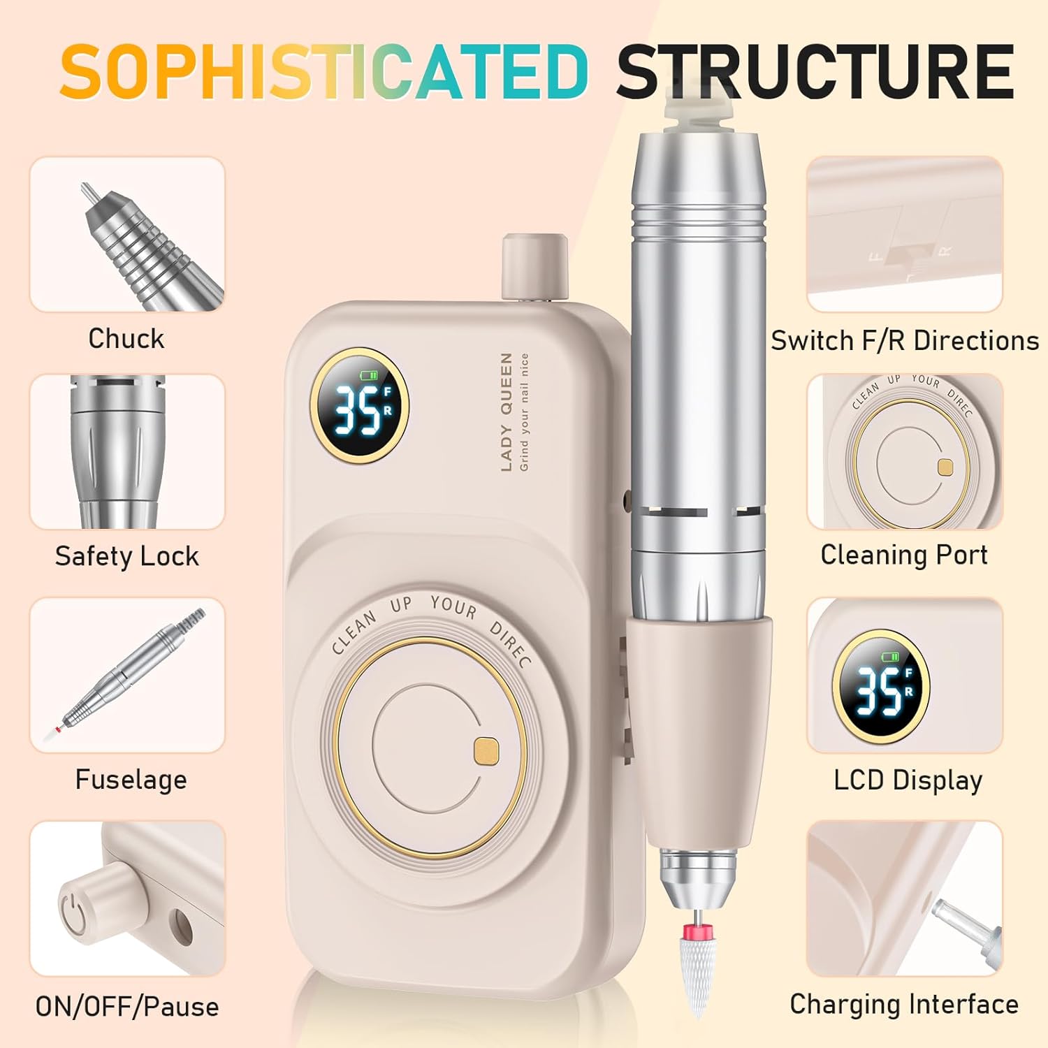 Thumbnail 6 de Portable Electric Nail Drill File, 35,000RPM Cordless E-File with Bits Kit (Pink)