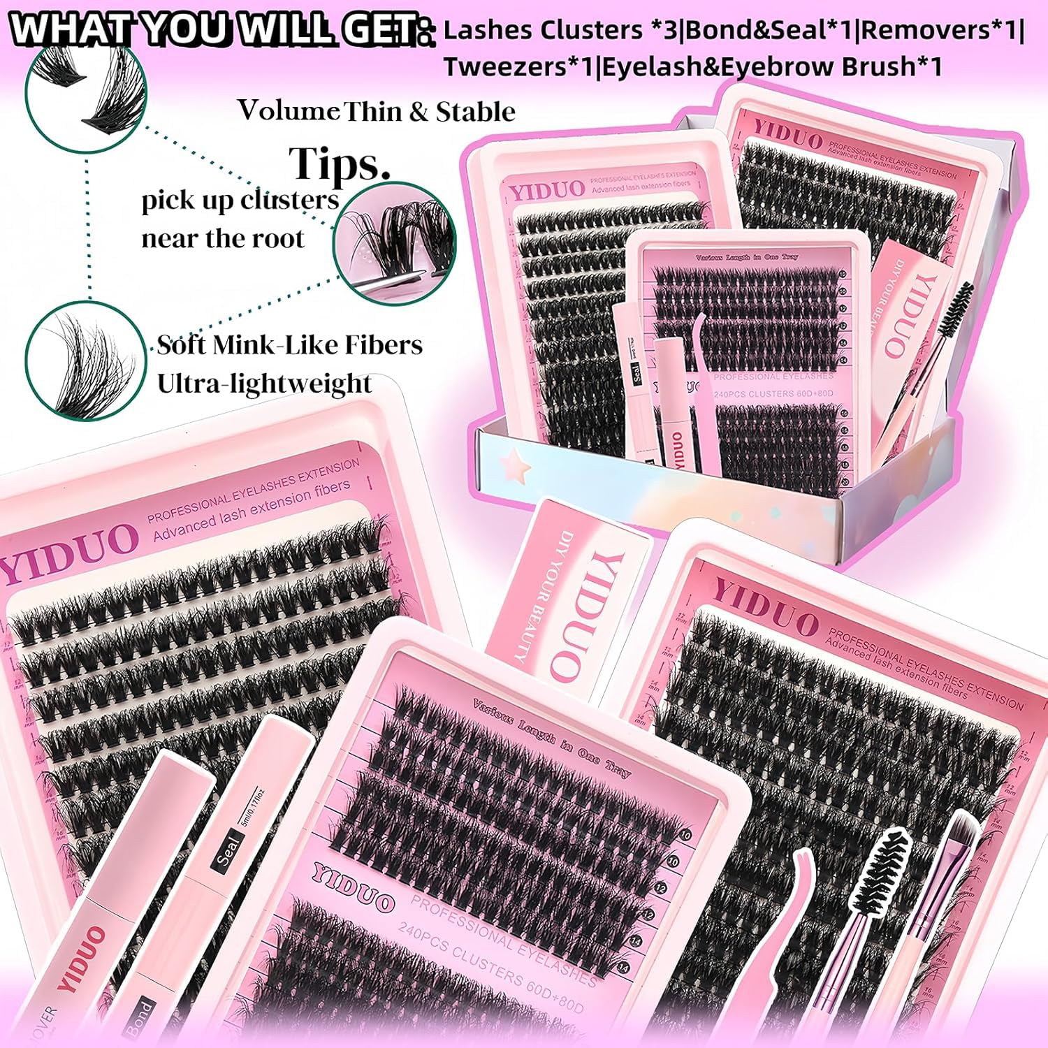 Detalle 2 de YIDUO Lash Clusters Kit with 2X Bond&Seal (760 pcs, 3 Styles: 60D+80D+100D) for DIY Natural Lash Extensions
