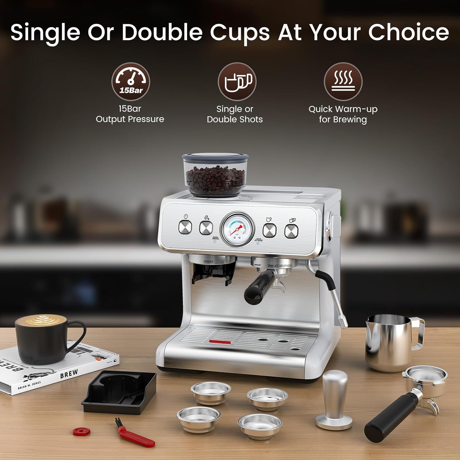 Thumbnail 4 de (2026 Upgrade) Espresso Machine with Grinder + Milk Steam Wand (15 Bar) — Home Espresso for Cappuccino & Latte