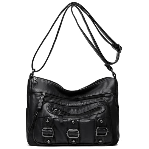 Mabecol sac bandoulière femme moyen en PU, multi-poches, noir