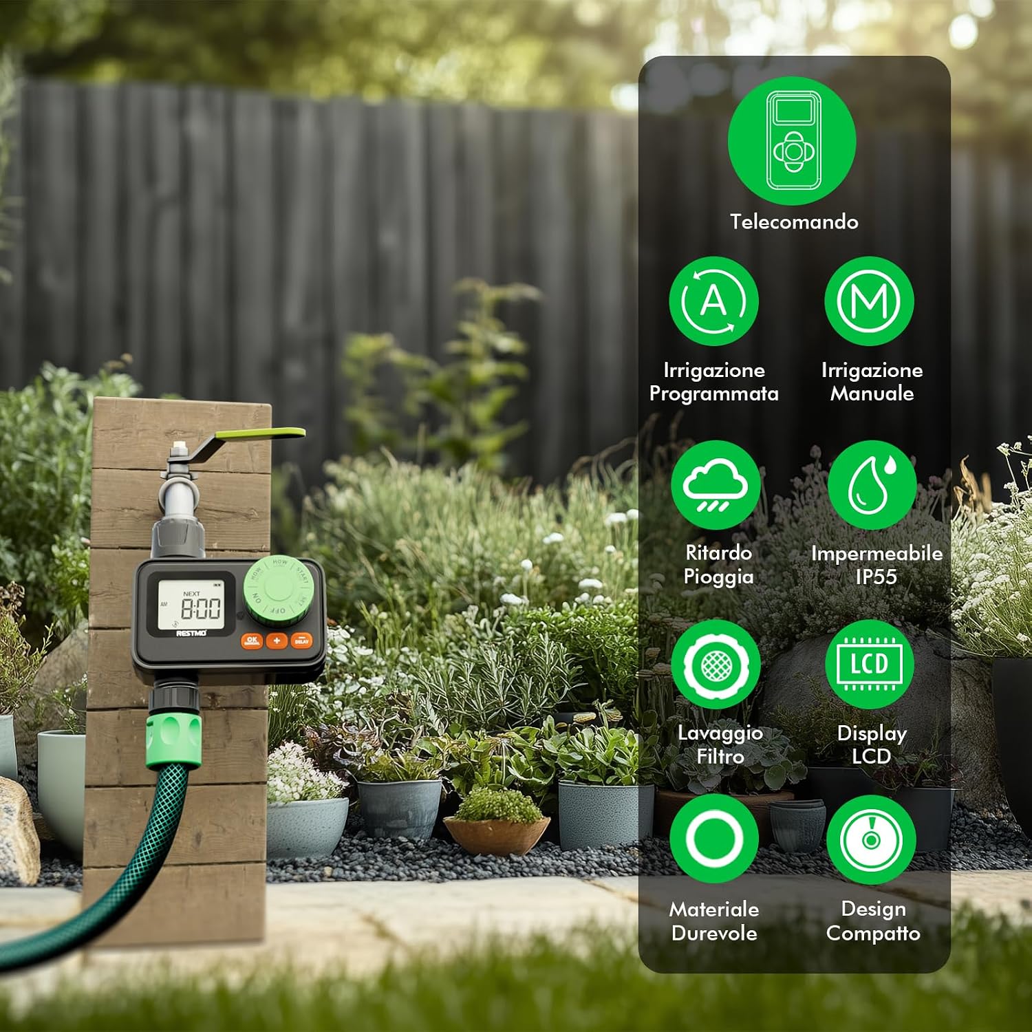 Detalle de RESTMO Timer per acqua telecomandato RF: controllo sociale dell’irrigazione esterna con avanzate funzioni