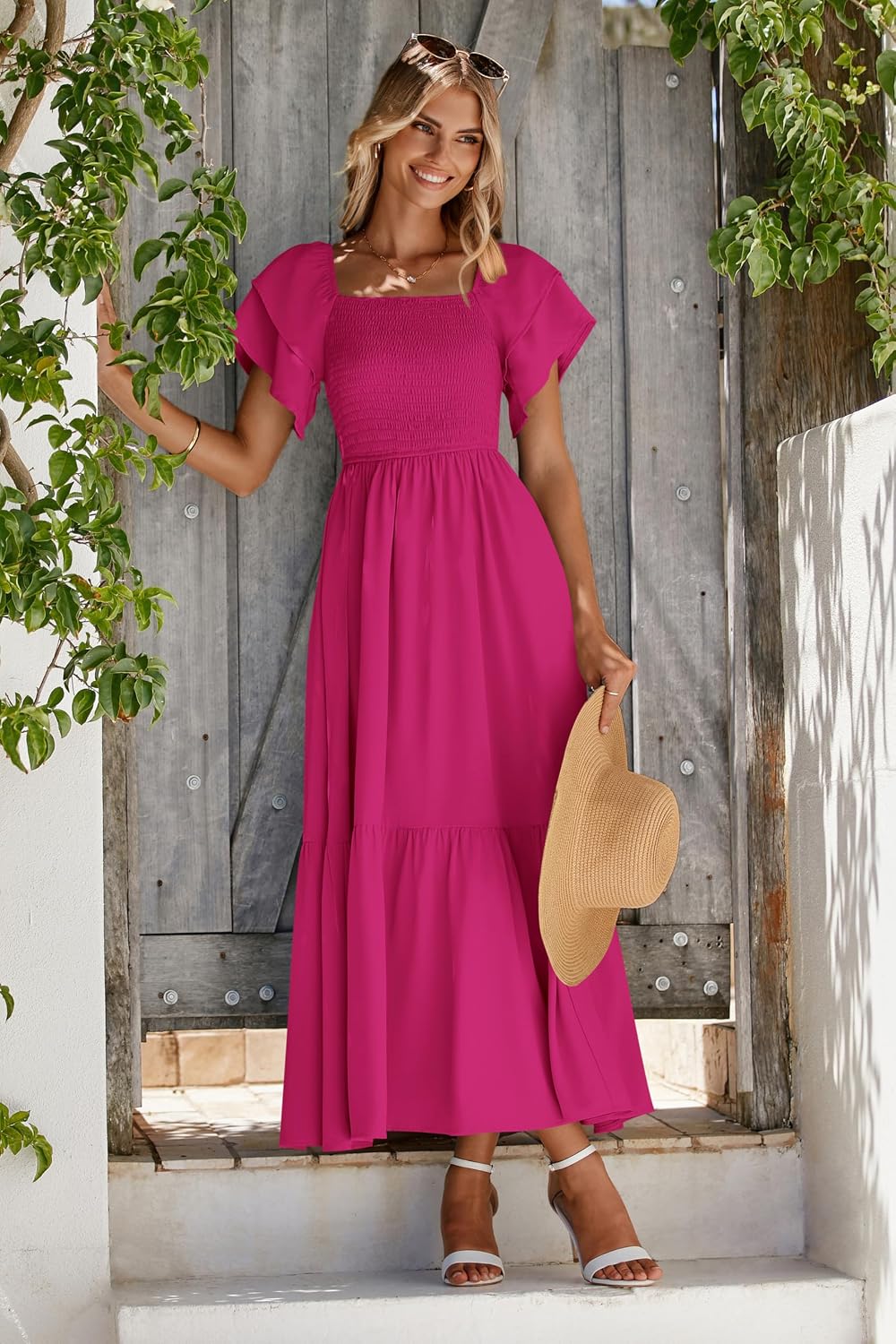 Thumbnail 2 de MASCOMODA Women's Summer Casual Midi Dress with Square Neck, Ruffle Sleeves, and Smocked High Waist