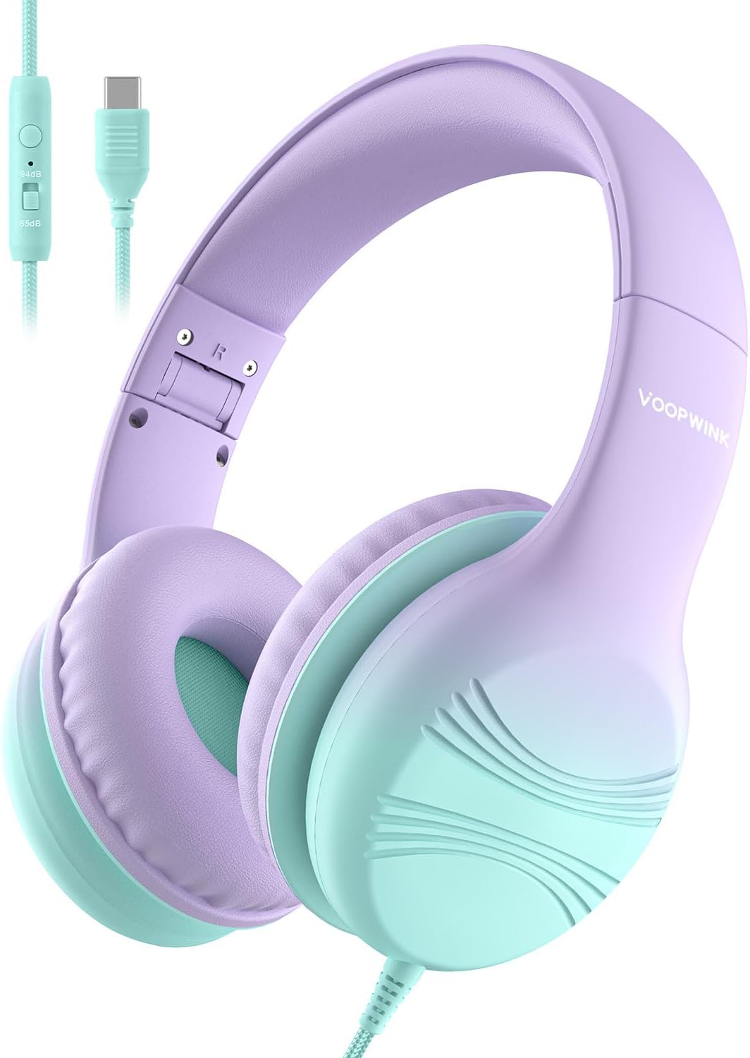 Detalle de Voopwink USB Type-C Kids Headphones KH5 with Microphone — Safe Volume 85/94dB, 40mm Drivers, Durable Nylon Cord, Foldable Over-Ear for School and Travel (Green Violet)