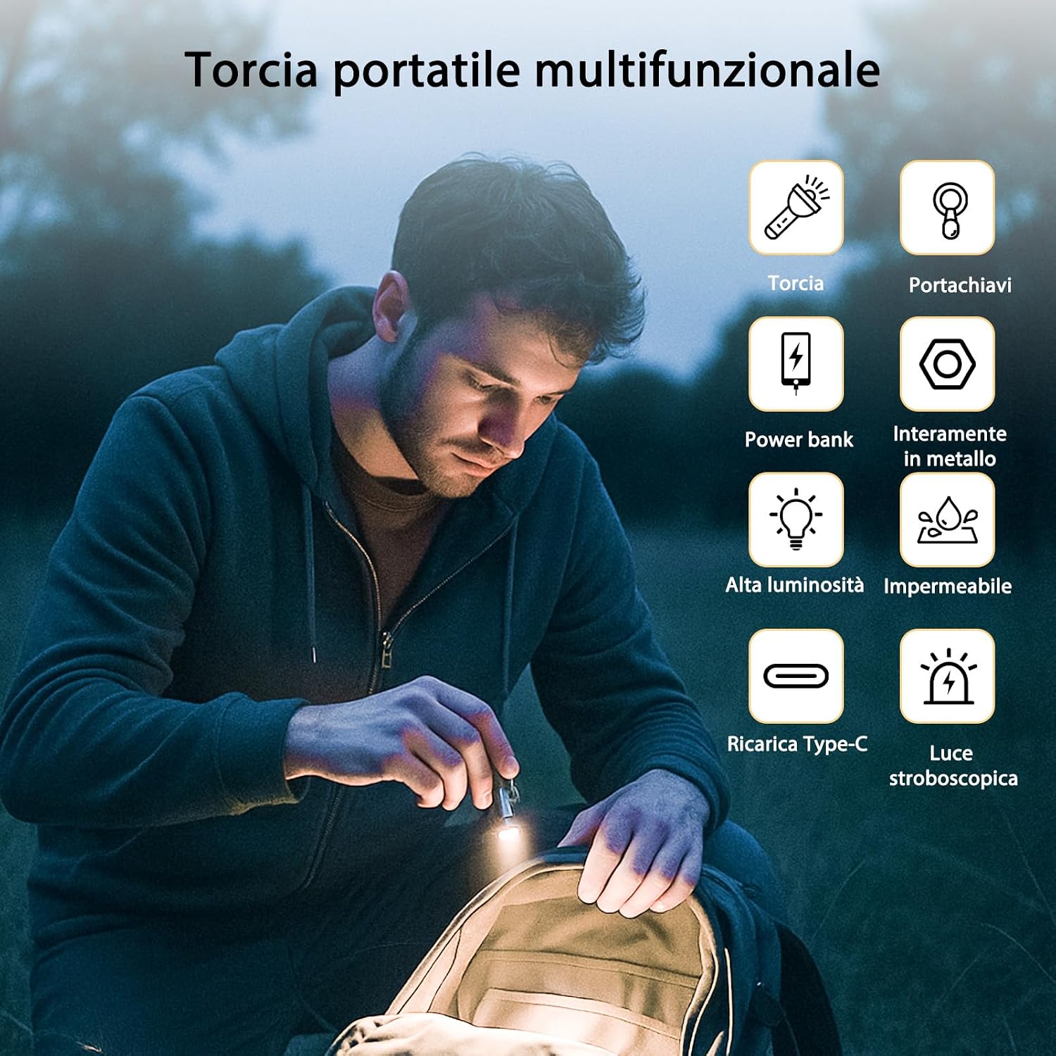 Detalle de Torcia LED Ultra Potente Professionale Ricaricabile USB-C, Impermeabile, 5 Modalità – Compatta e Versatile per Campeggio e Pesca