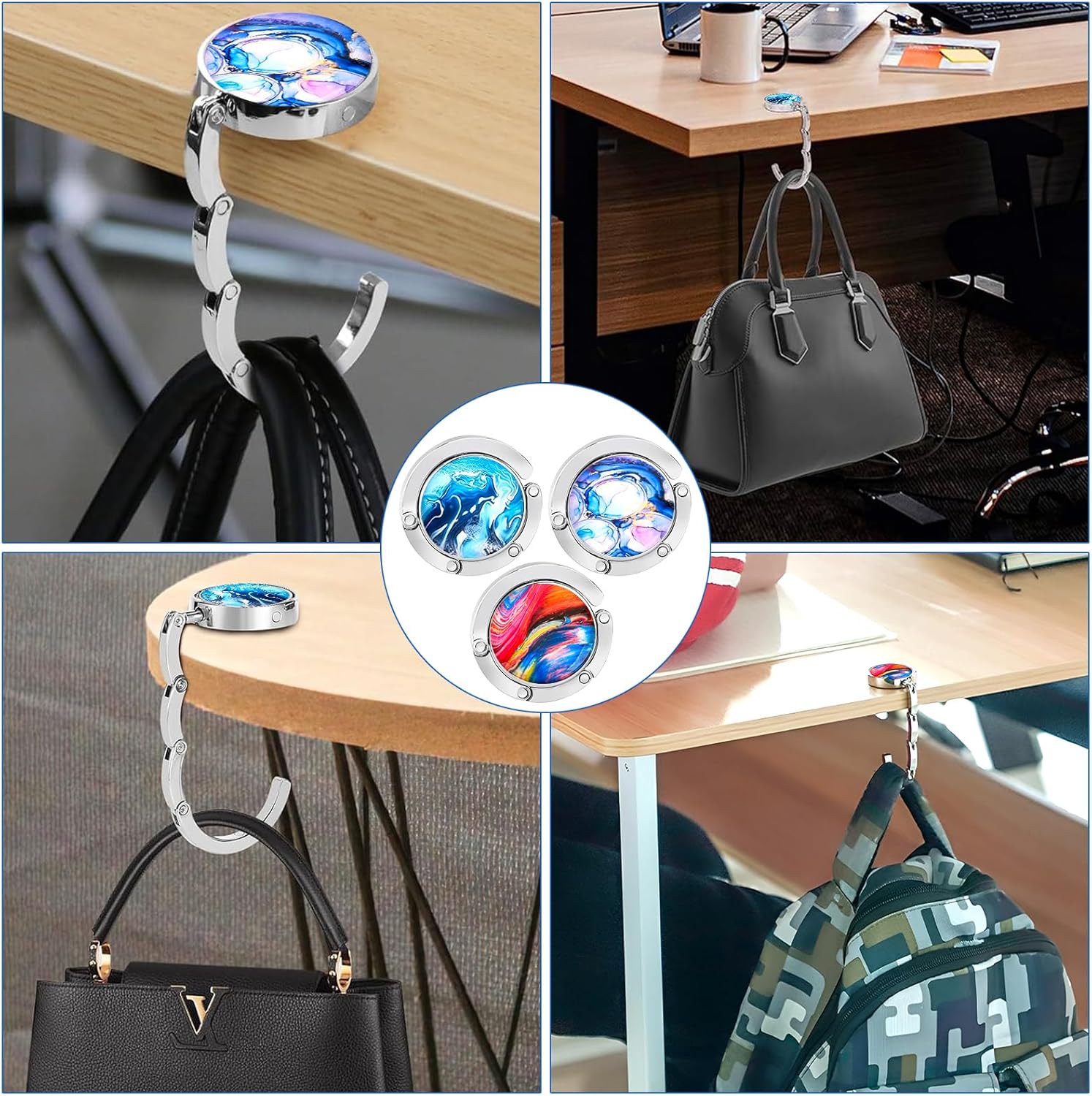 Thumbnail 6 de 3 Stück Taschenhalter für Tisch – faltbar, rutschfest, aus Metall mit Marmor-Optik, ideal für Restaurant, Büro, Café