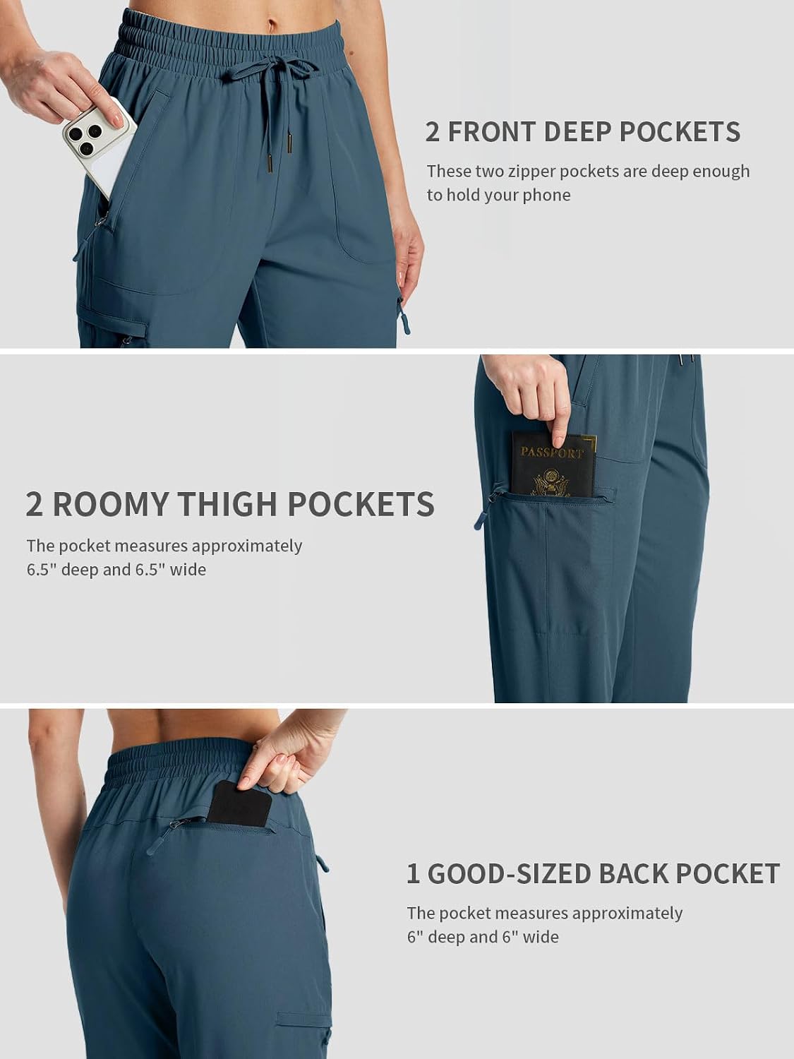 Detalle 2 de KWZ Women's Lightweight Hiking Cargo Pants, Quick-Dry, Water-Resistant, 5 Zipper Pockets