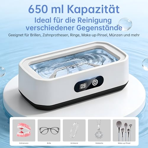 Detalle de Ultraschallreiniger 49 kHz, 650 ml Großkapazität – 360°-Allround-Reinigung für Brillen, Schmuck und Make-up-Pinsel