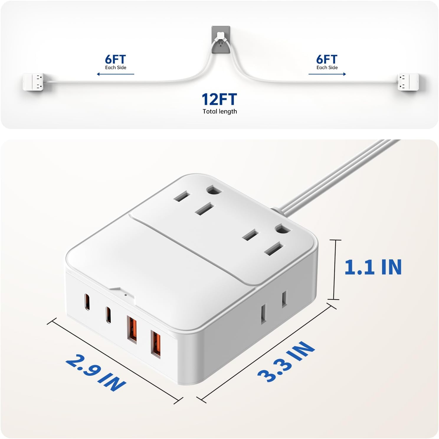 Detalle de VPSUN 12FT Split Extension Cord with Flat Plug, 8 AC Outlets and USB Ports