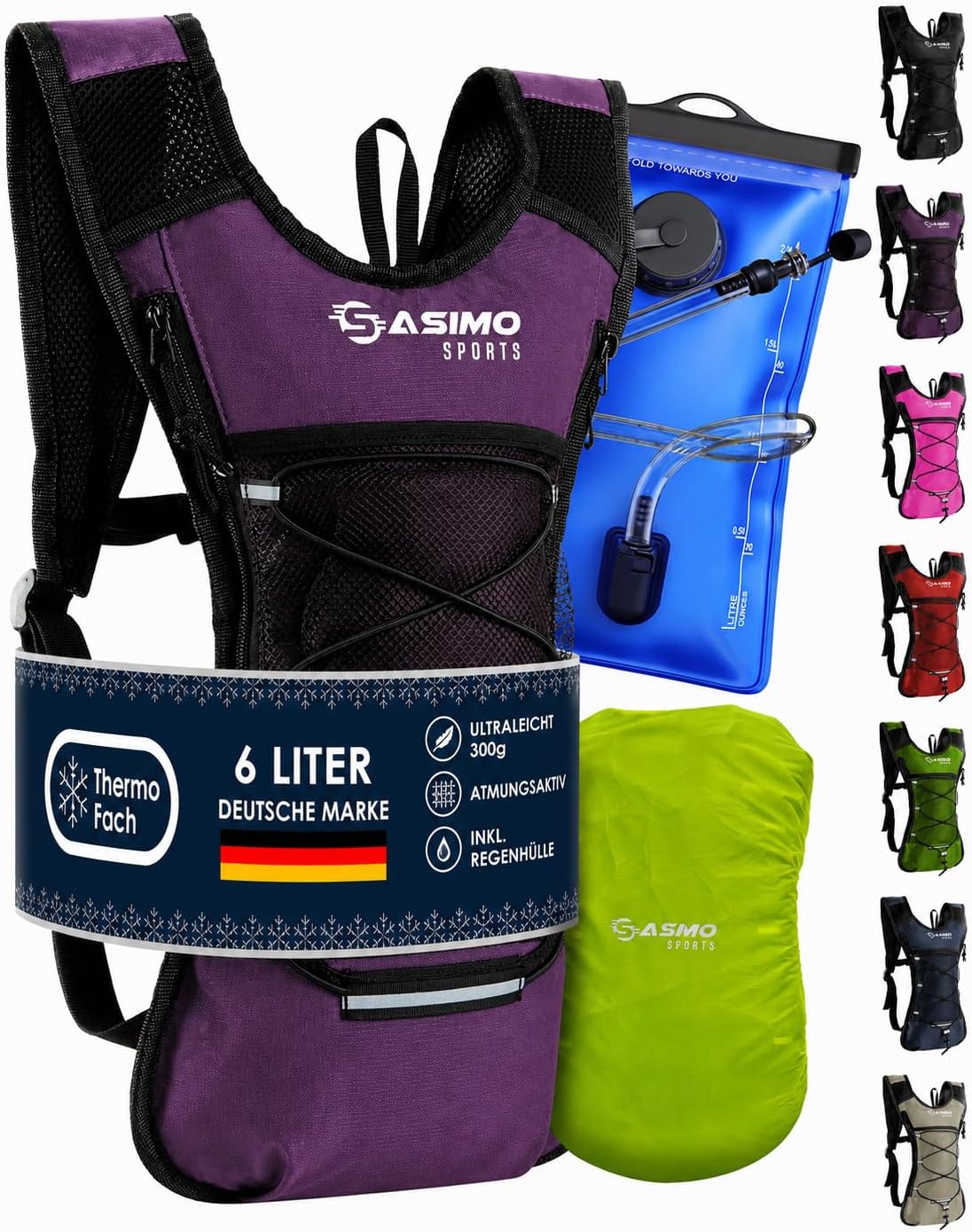 SASMO Sports Trinkrucksack Beere mit Thermofach – Laufrucksack mit Trinkblase (2 l) & Reflektoren