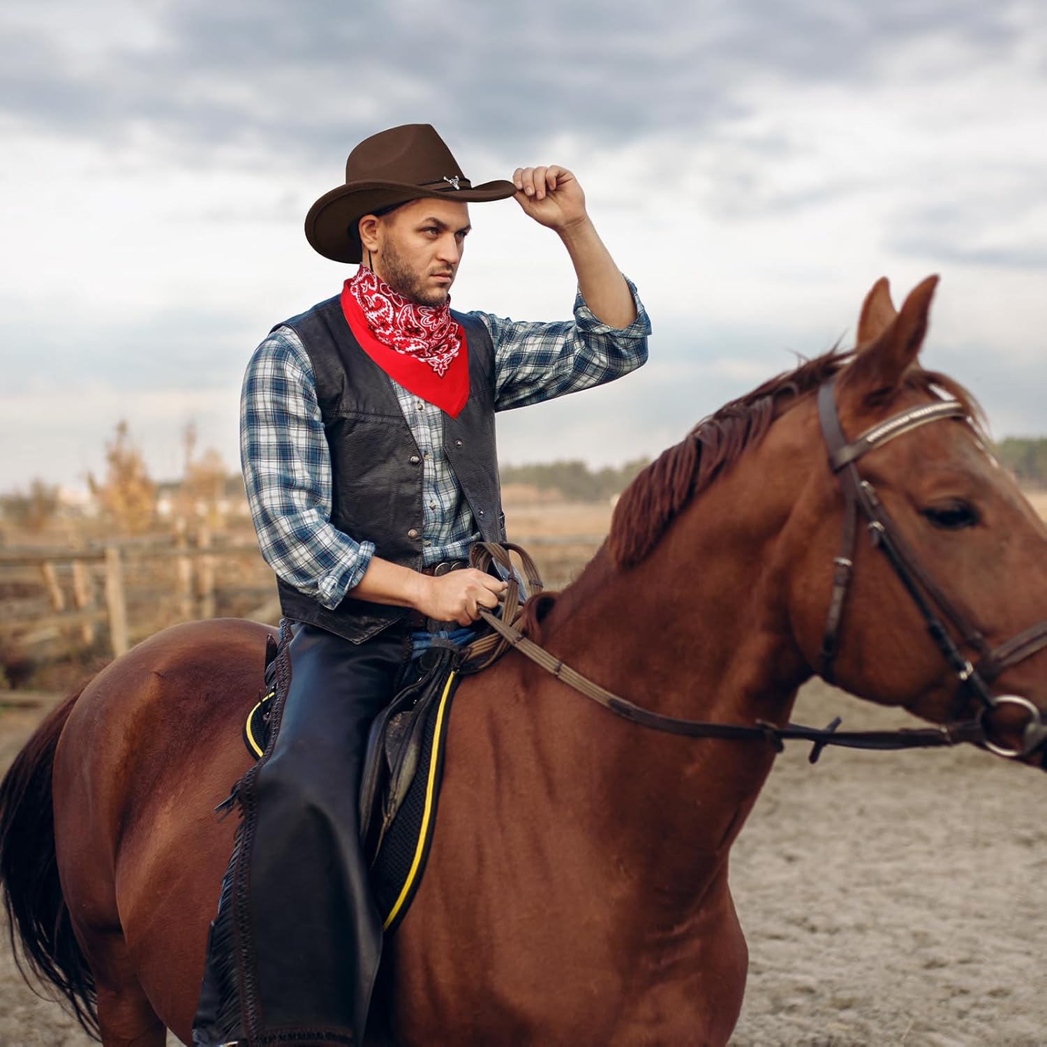 Thumbnail 5 de ViEinkaufen 2Pcs Cowboy Hats in Black & Brown with Bandana Scarves Western Hat Set