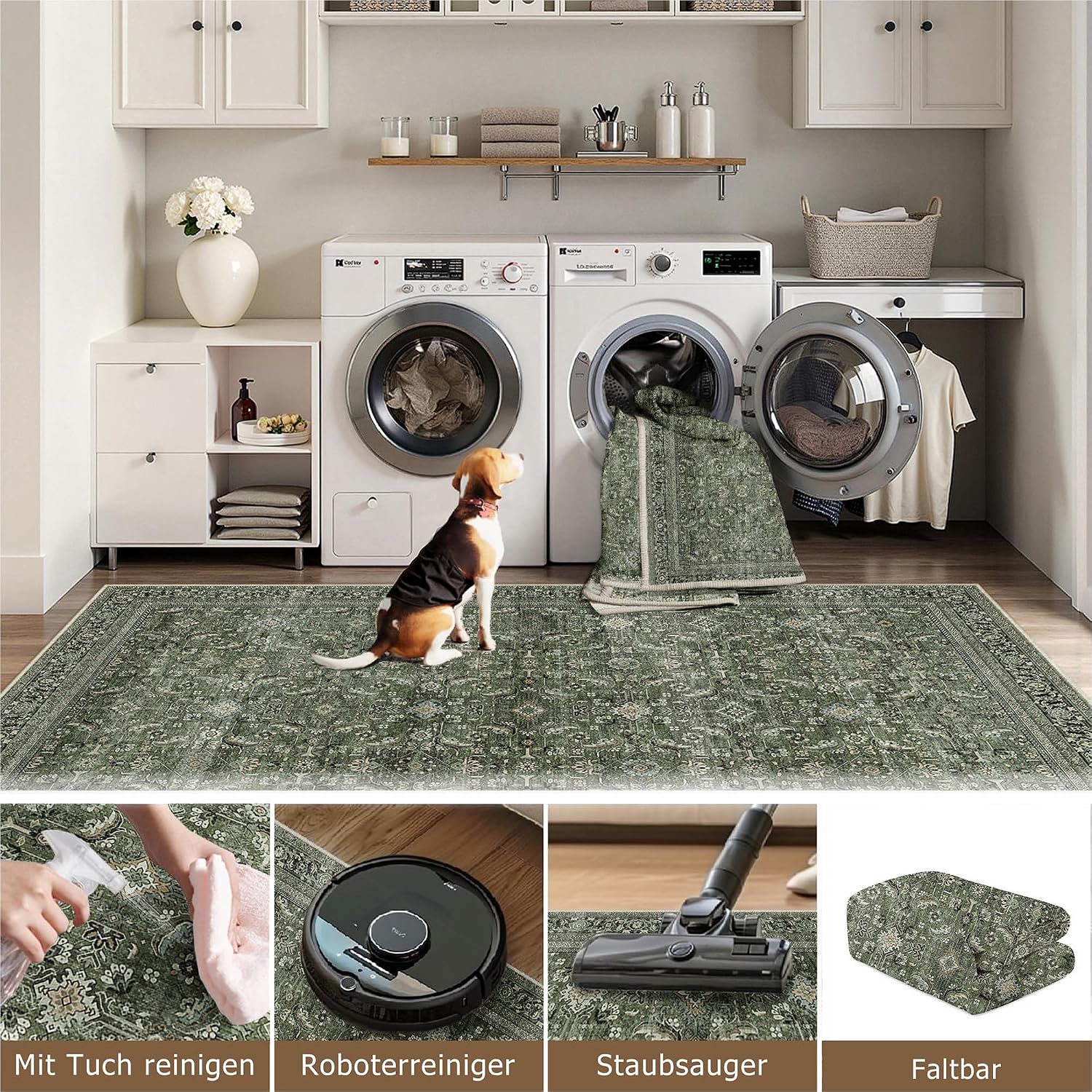 Detalle de Vintage Grün Waschbarer Teppich für Wohnzimmer & mehr – Retro Rugs 120x170 cm, rutschfest und pflegeleicht