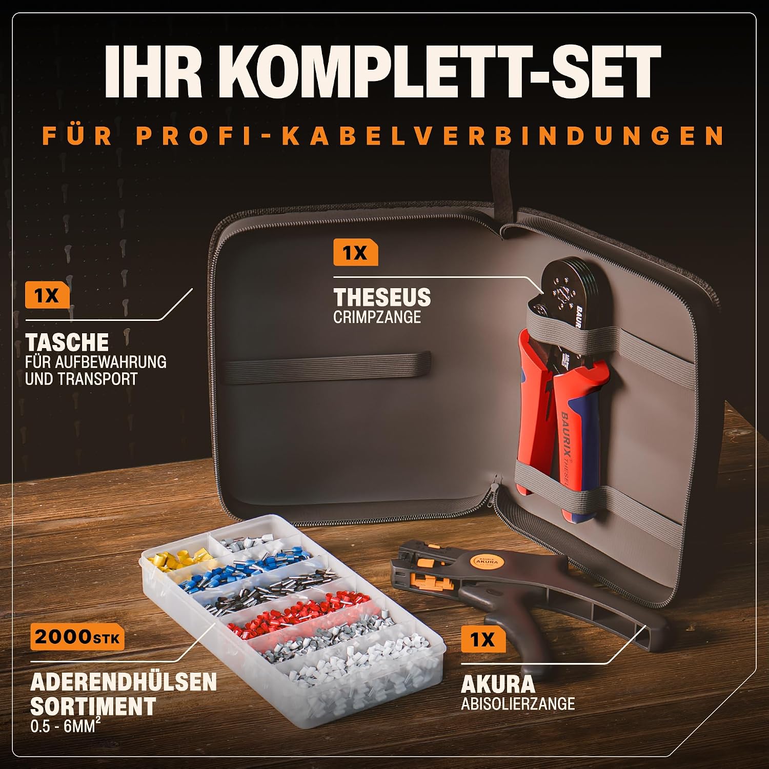 Detalle 2 de BAURIX® Crimpzange & Abisolierzange mit 2000 Aderendhülsen Set – Sechskant-Verpressung, selbstjustierend