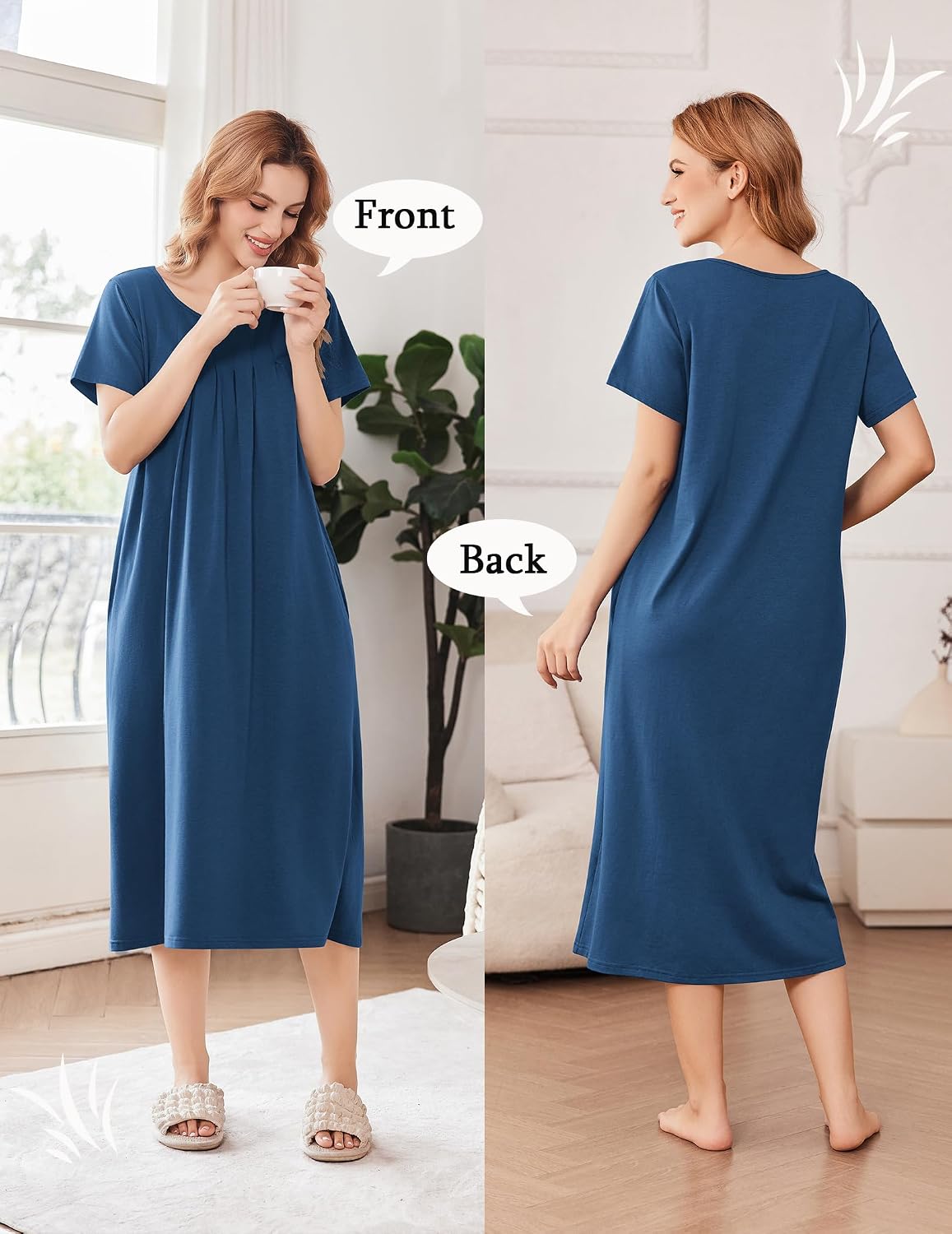 Detalle de Ekouaer Cotton Nightgown for Women, Long Pocketed House Dress, S–3XL