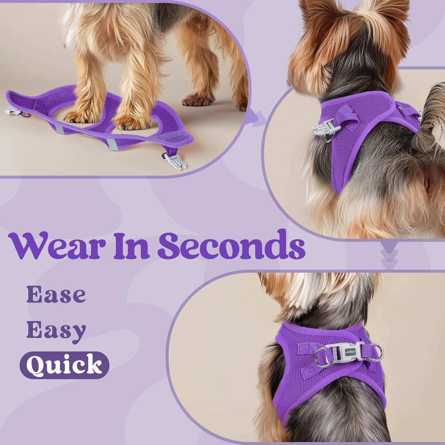 Detalle de rabbitgoo XXS Dog Harness for Tiny Dogs – Step-in Soft Mesh, Reflective, Purple