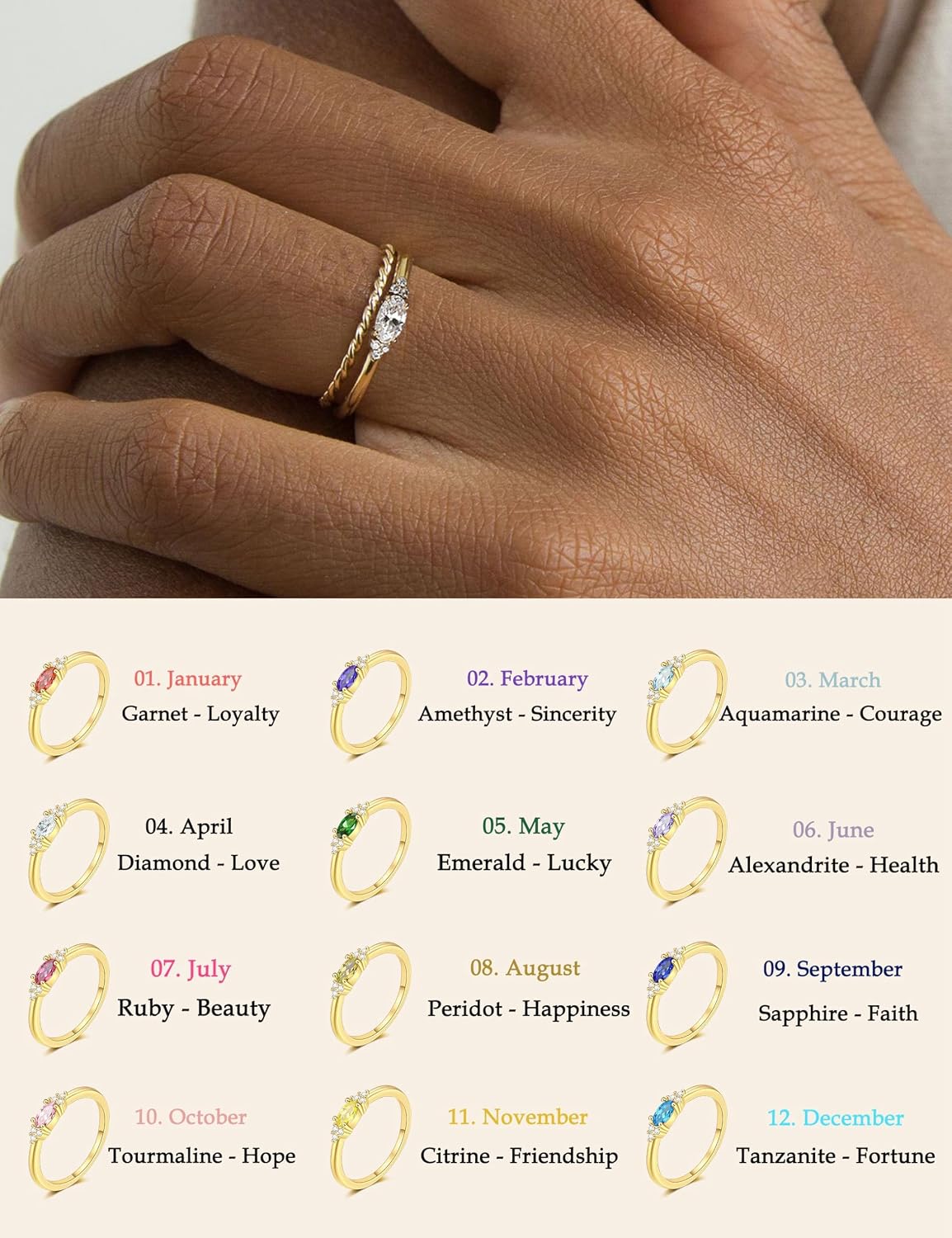 Detalle 2 de ZNBOH Ringe Gold 18K Vergoldet Geburtssteinring