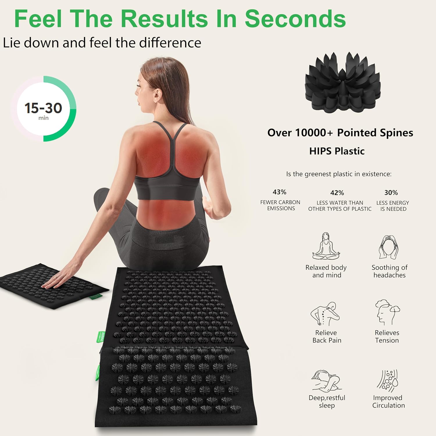 Detalle 2 de AyurMat Acupressure Mat and Pillow Set, Black Linen with Coconut Fibre