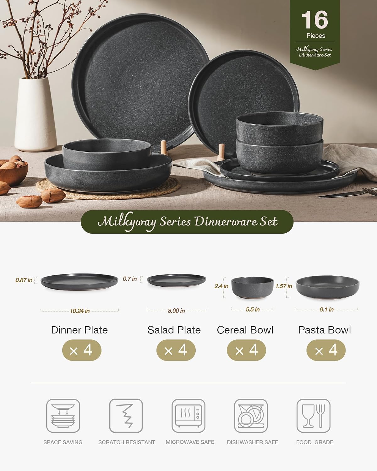 Detalle 2 de Famiware Milkyway Stoneware Dinnerware Set (Service for 4) in Matte Dark Charcoal