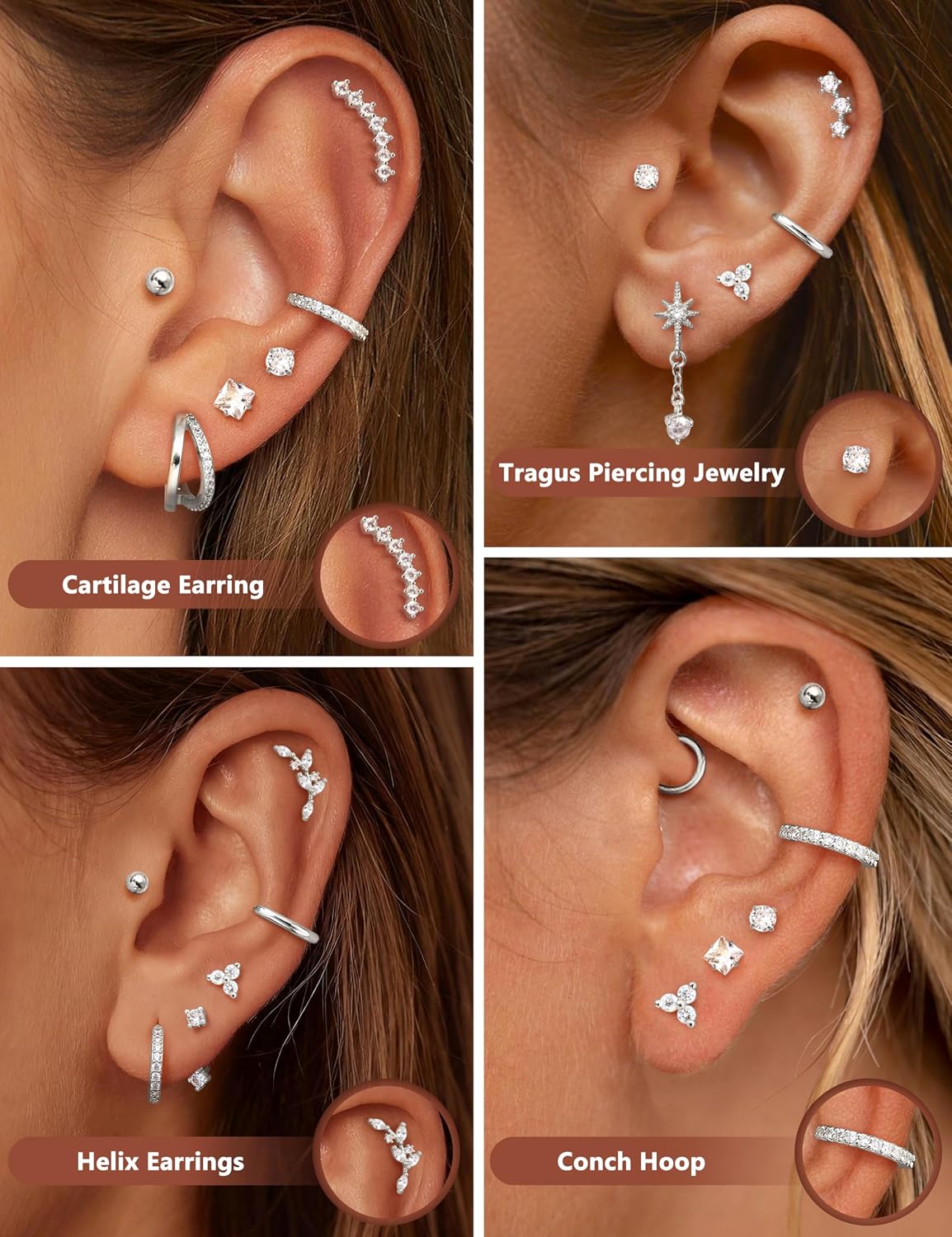 Thumbnail 1 de Roheafer 12-tlg. Helix-Piercing Set aus 316L-Chirurgenstahl mit Flatback, Huggie-Hoops & verstellbarem Jacket (Gold/Silber)