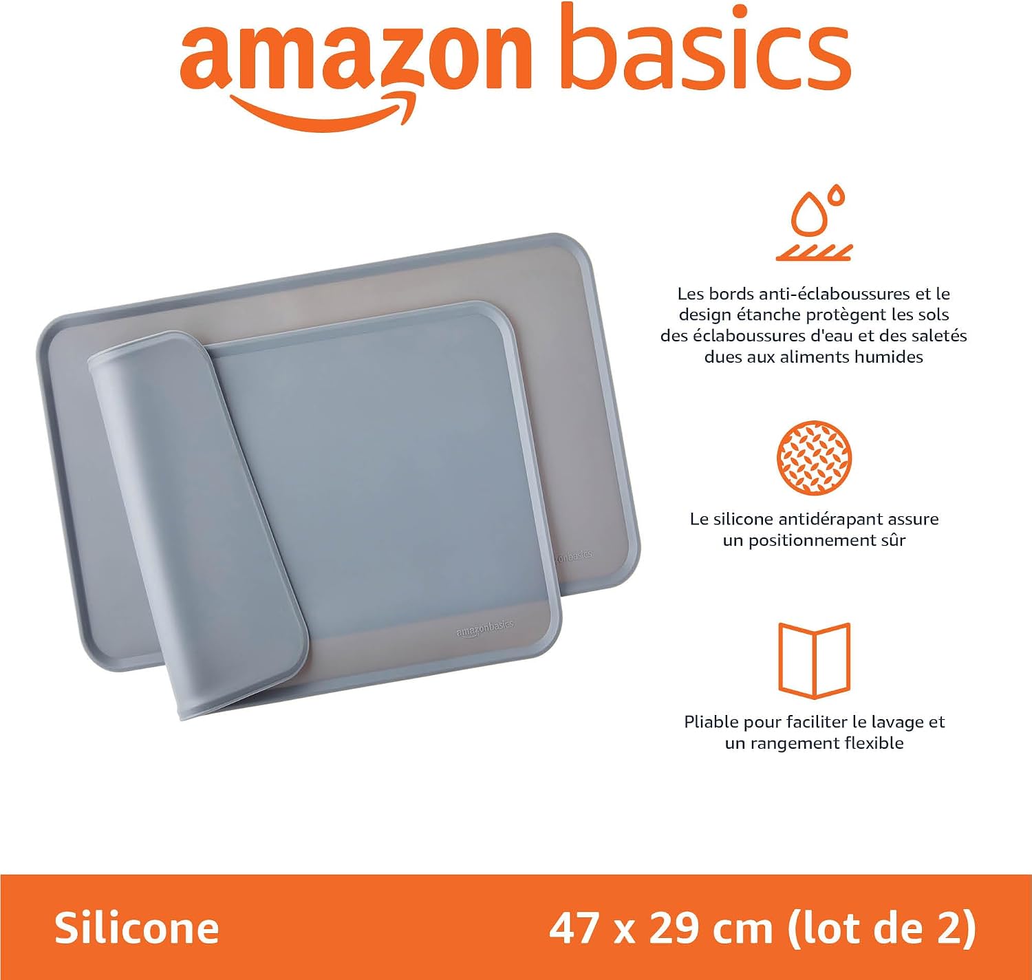 Thumbnail 1 de Amazon Basics Tapis de gamelle en silicone étanche – lot de 2, 47 x 29 cm, gris