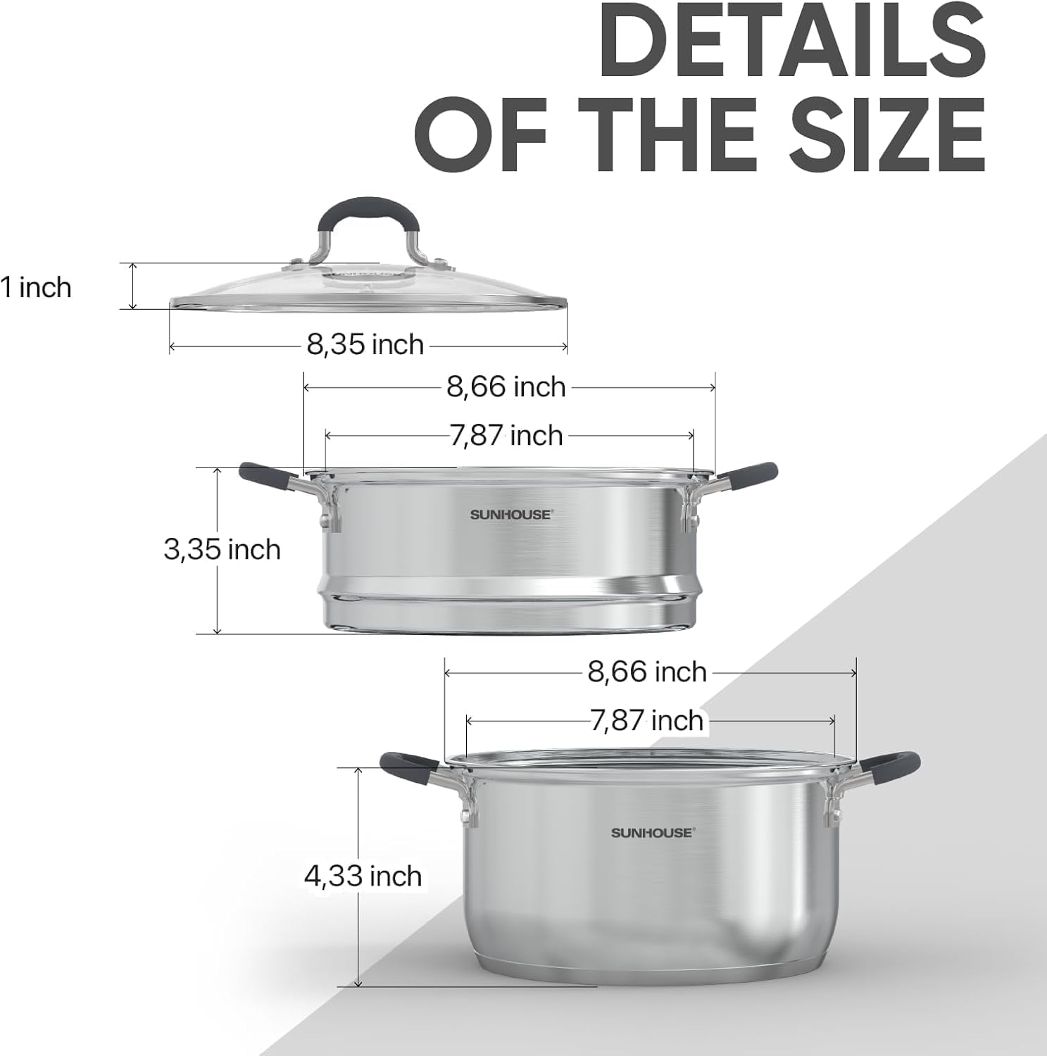 Detalle de SUNHOUSE 3.1 Qt Stainless Steel Steamer Pot with 2-Tier Basket and Glass Lid