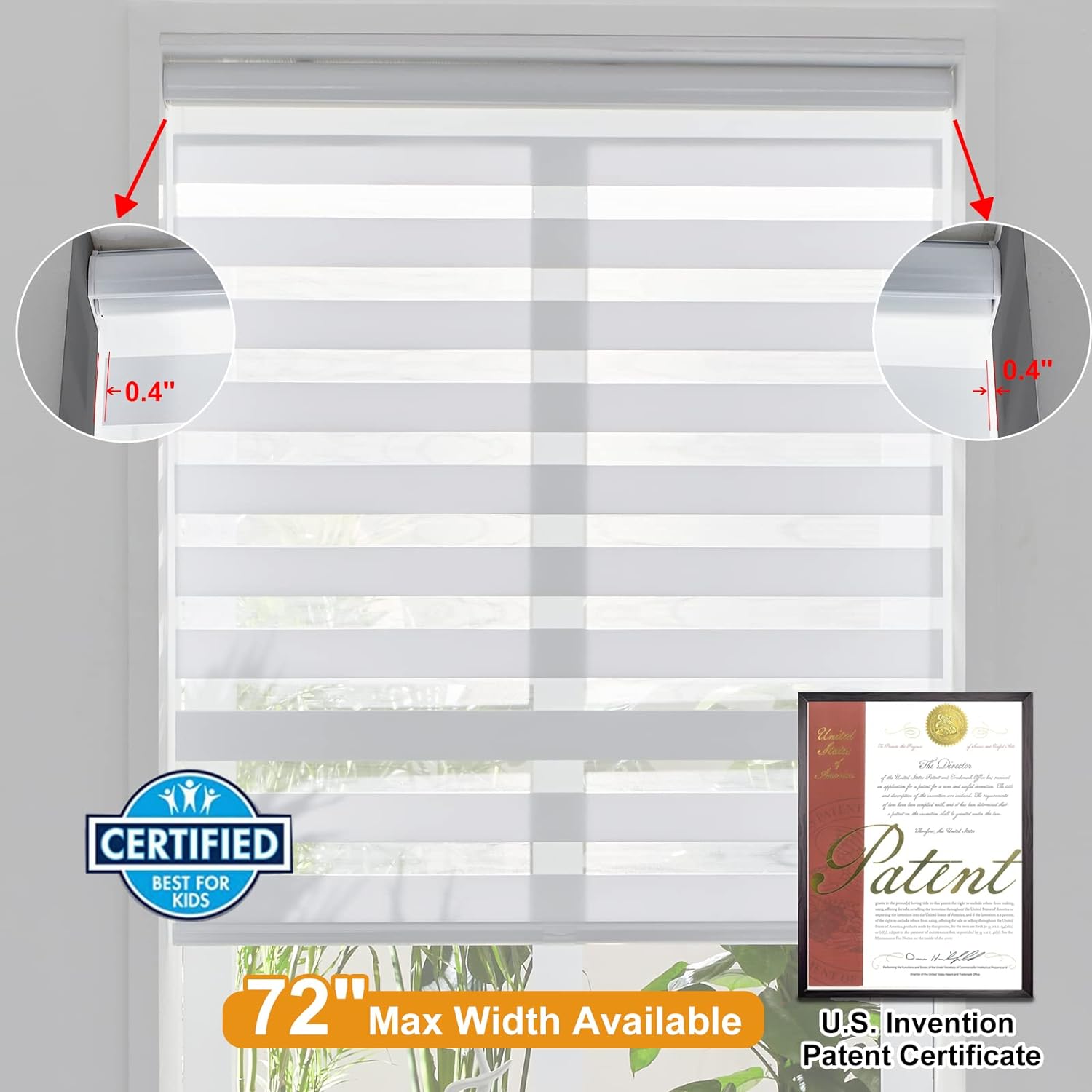 Detalle de Persilux Cordless Zebra Blinds for Windows – Free-Stop Dual Layer Light Control (34"W x 72"H, White)