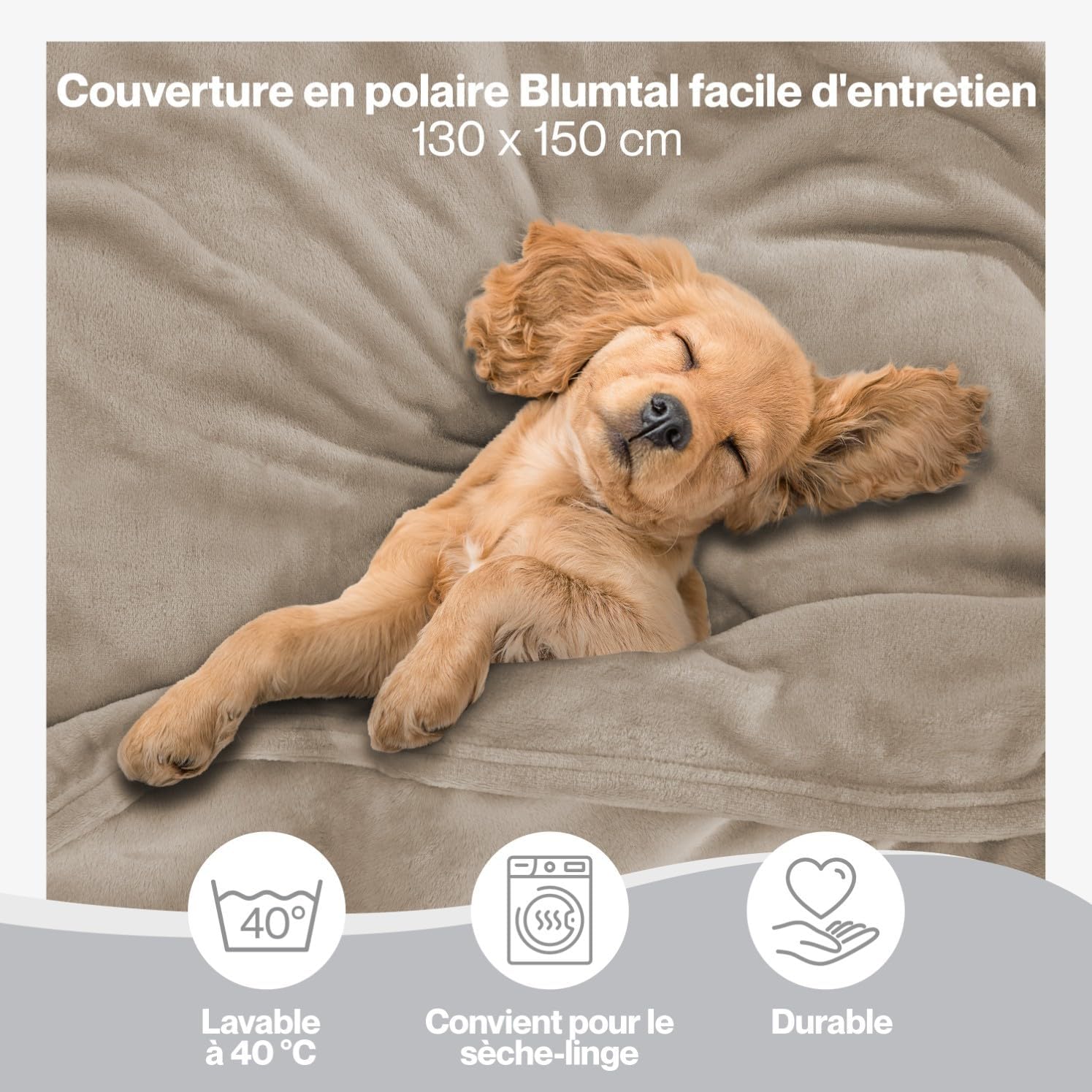 Thumbnail 2 de Blumtal Couverture polaire 130 x 150 cm – plaid taupe tout doux pour canapé et lit