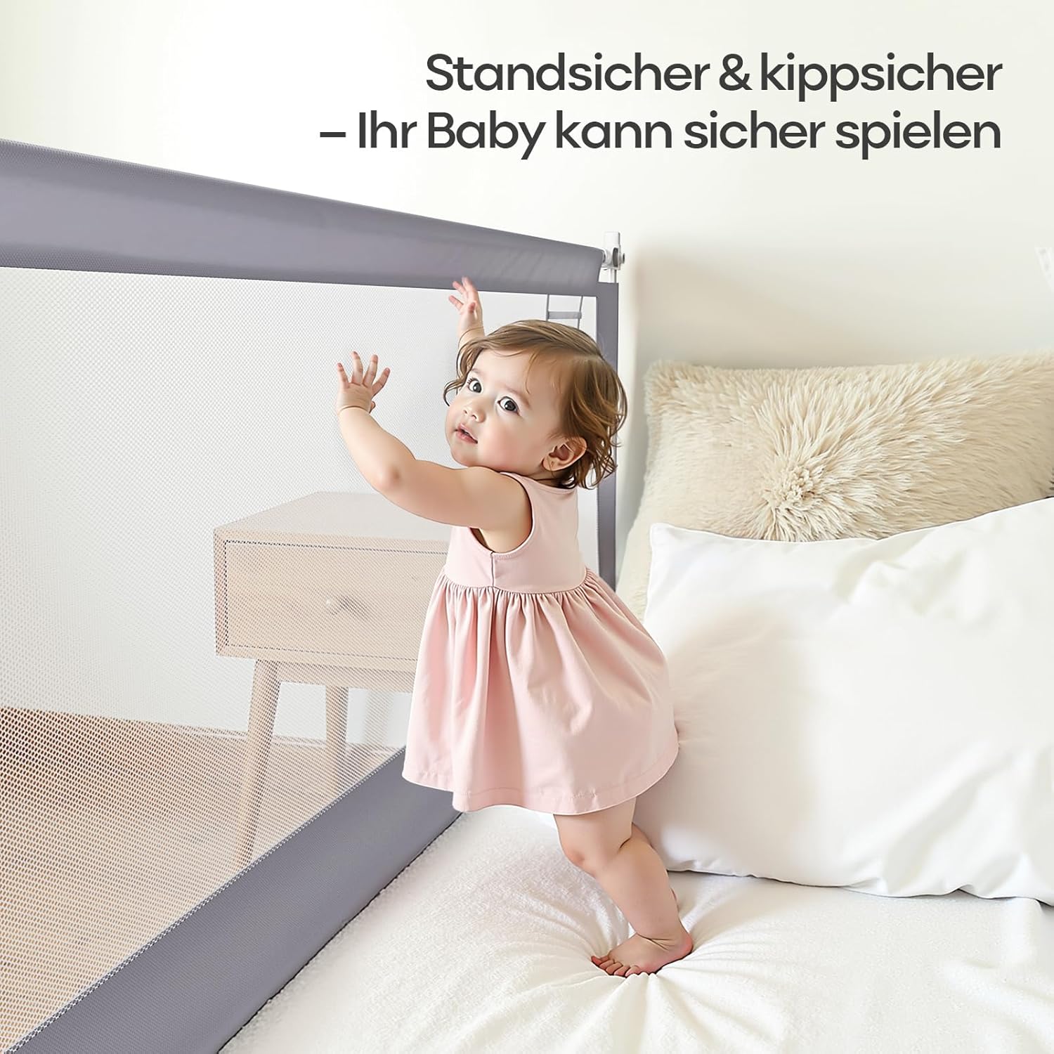 Thumbnail 3 de Lertantri Bettschutzgitter Hellgrau 180 cm – höhenverstellbar mit Befestigungsgurten, werkzeuglose Montage (1 Stück)