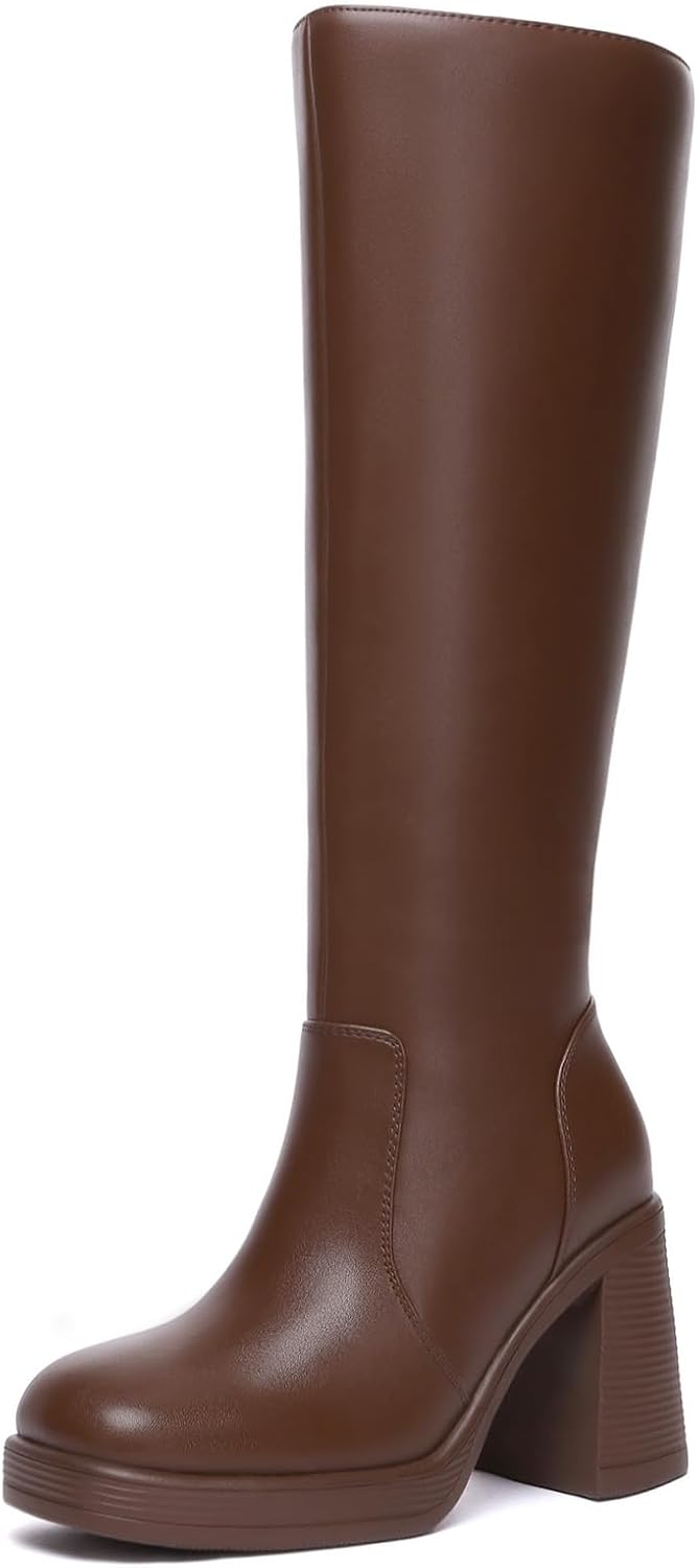 Detalle de Athlefit AD00543 Knee-High Platform Boots with Side Zipper, 3.68-Inch Heel